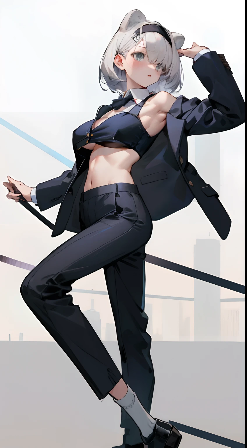 (((Perfect body,White and tender skin,(((black necktie, black pants, business suit, formal, long sleeves, necktie, pants, suit,,))),(((kobeni higashiyama, black hair, hair ornament, hairclip, ponytail, short hair, (brown eyes:1.5),))),((masterpiece)),highres,((Best quality at best)),masterpiece,quality,Best quality,((( Exquisite facial features,Looking at the audience,There is light in the eyes,(((pain,endure))),full body,{|from above|breast focus},photo of a woman,nude,shibari,bondage,{|grabbing her own breasts|arms behind back|arms over head},happy,white background,simple background))),(((Light and shadow,Huge breasts,))),(((Looking at the camera,White background))))