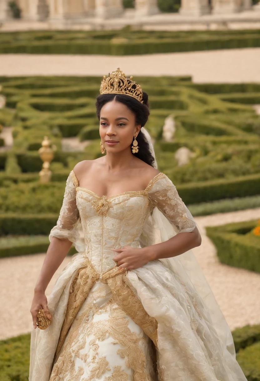 Imaginez la Reine Ranavalona III, Reine de Madagascar, blasian; walking with grace and majesty through the sumptuous gardens of the Palace of Versailles. She wears an elegant dress, both representative of its Malagasy culture and adapted to French elegance. At his side, A few French courtiers and dignitaries guided her, admirant les fontaines, sculptures et parterres de fleurs en pleine floraison. Le palais de Versailles, dans toute sa splendeur baroque, stands proudly in the background, with the sun reflecting its gilding. Visitors and onlookers keep a respectful distance, chuchotant entre eux avec admiration. Aucun texte sur l'image, Please