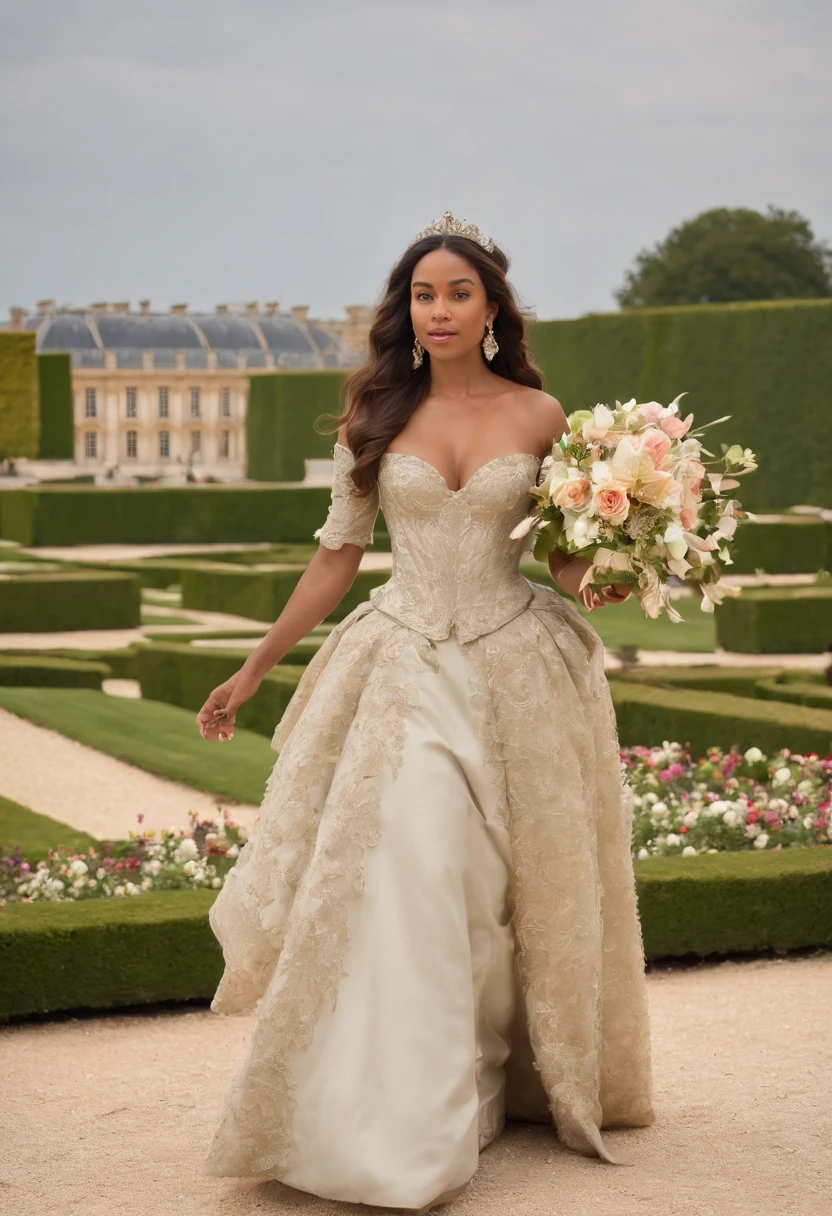 Imaginez la Reine Ranavalona III, Reine de Madagascar, blasian; walking with grace and majesty through the sumptuous gardens of the Palace of Versailles. She wears an elegant dress, both representative of its Malagasy culture and adapted to French elegance. At his side, A few French courtiers and dignitaries guided her, admirant les fontaines, sculptures et parterres de fleurs en pleine floraison. Le palais de Versailles, dans toute sa splendeur baroque, stands proudly in the background, with the sun reflecting its gilding. Visitors and onlookers keep a respectful distance, chuchotant entre eux avec admiration. Aucun texte sur l'image, Please