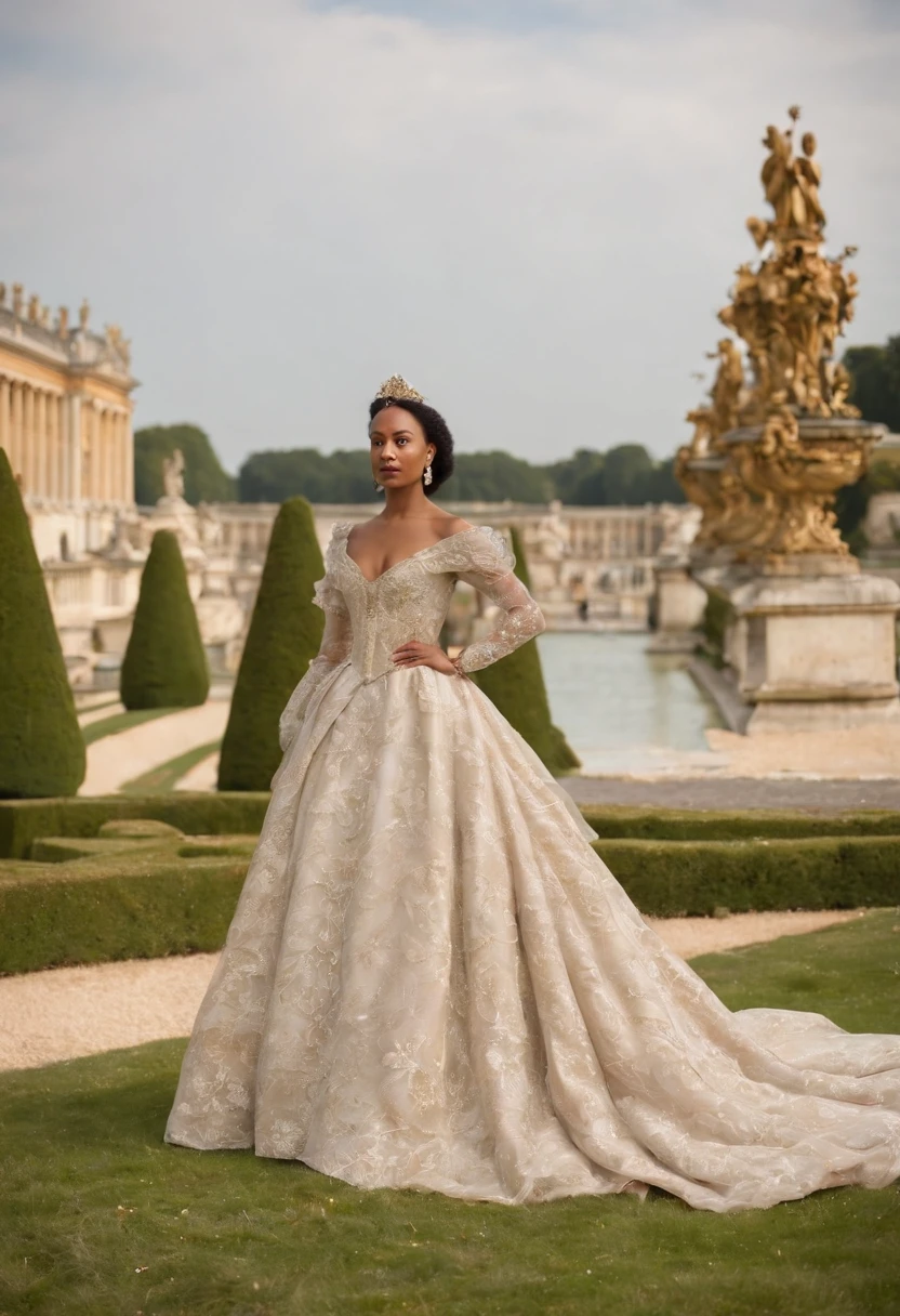 Imaginez la Reine Ranavalona III, Reine de Madagascar, blasian; walking with grace and majesty through the sumptuous gardens of the Palace of Versailles. She wears an elegant dress, both representative of its Malagasy culture and adapted to French elegance. At his side, A few French courtiers and dignitaries guided her, admirant les fontaines, sculptures et parterres de fleurs en pleine floraison. Le palais de Versailles, dans toute sa splendeur baroque, stands proudly in the background, with the sun reflecting its gilding. Visitors and onlookers keep a respectful distance, chuchotant entre eux avec admiration. Aucun texte sur l'image, Please