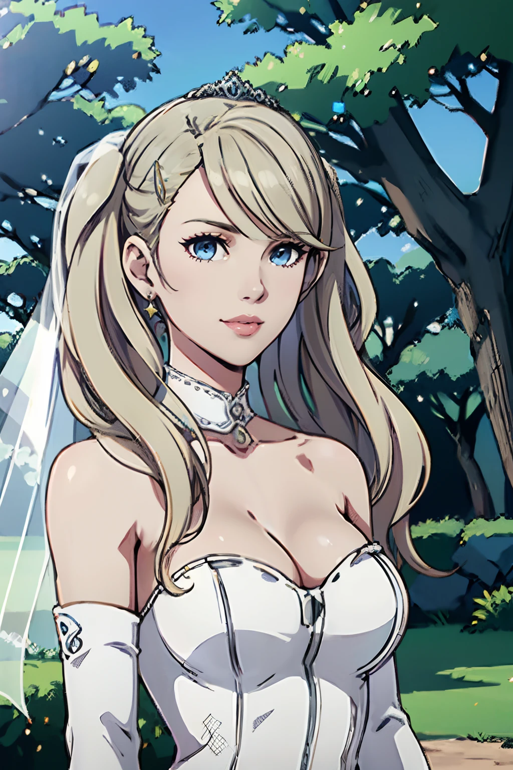 AnnTak, bangs, hair done up, hair between eyes, ahoge, blonde hair, star \(symbol\), hair ornament, dress, cleavage, bare shoulders, collarbone, long white elbow gloves, white gloves, white dress, white choker, strapless, tiara, veil, strapless dress, wedding dress, bridal veil, beautiful woman, perfect body, perfect breasts, wearing a wedding dress, ball gown, in the park trees, wedding decorations, a warm smile, realism, masterpiece, textured skin, super detail, high detail, high quality, best quality, 1080p, 16k