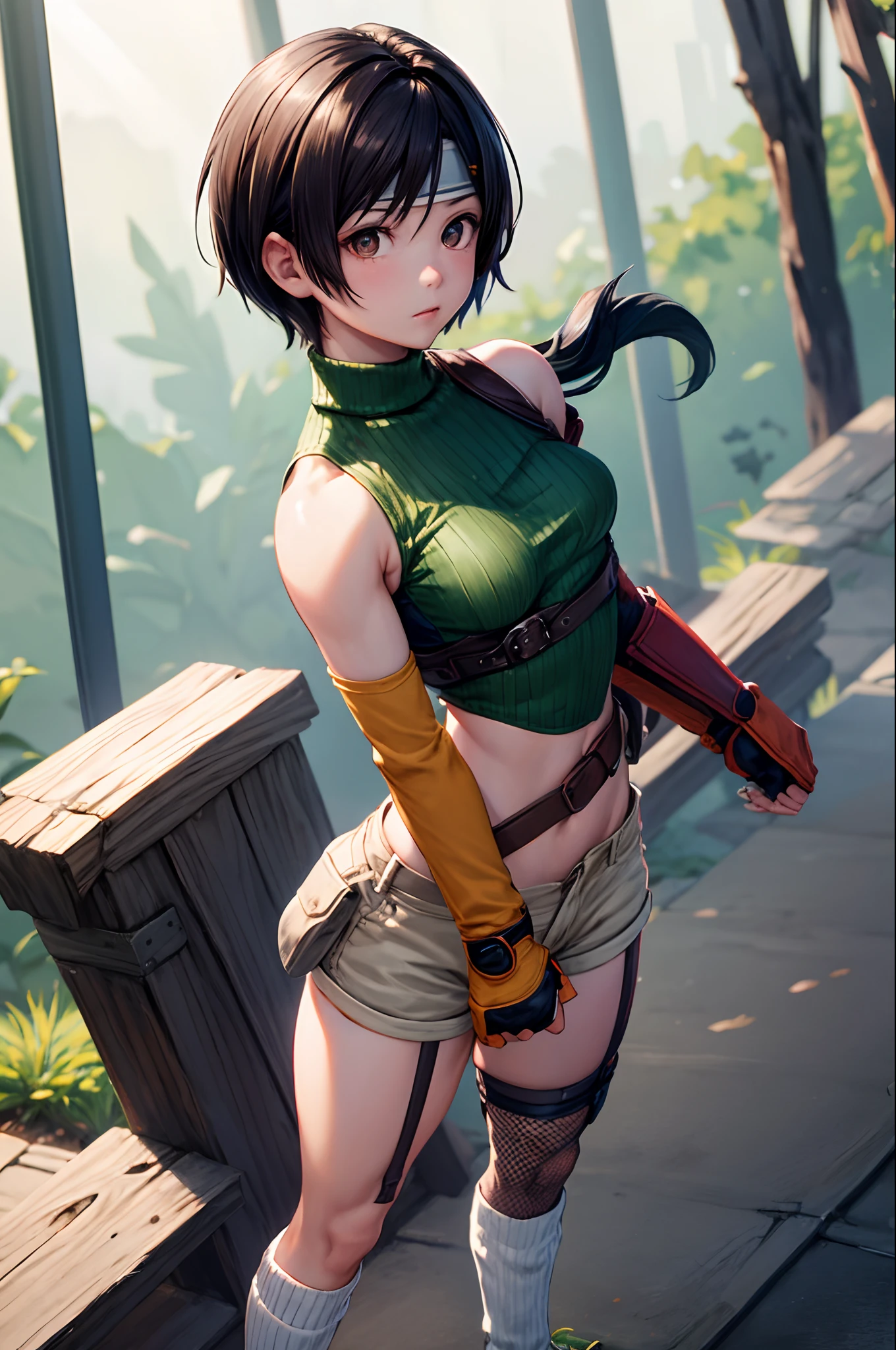 thick outlines, comics, photorealistic, perfect hands, masterpiece:1.2, forest, colorful, standing, 1 girl, solo, yuffie kisaragi, short hair, black hair, headband, sleeveless turtleneck, shoulder armor, armguard, fingerless gloves, tan shorts, single thighhigh, fishnets, socks, sneakers, small breast, detailed background, detailed face, detailed eyes,