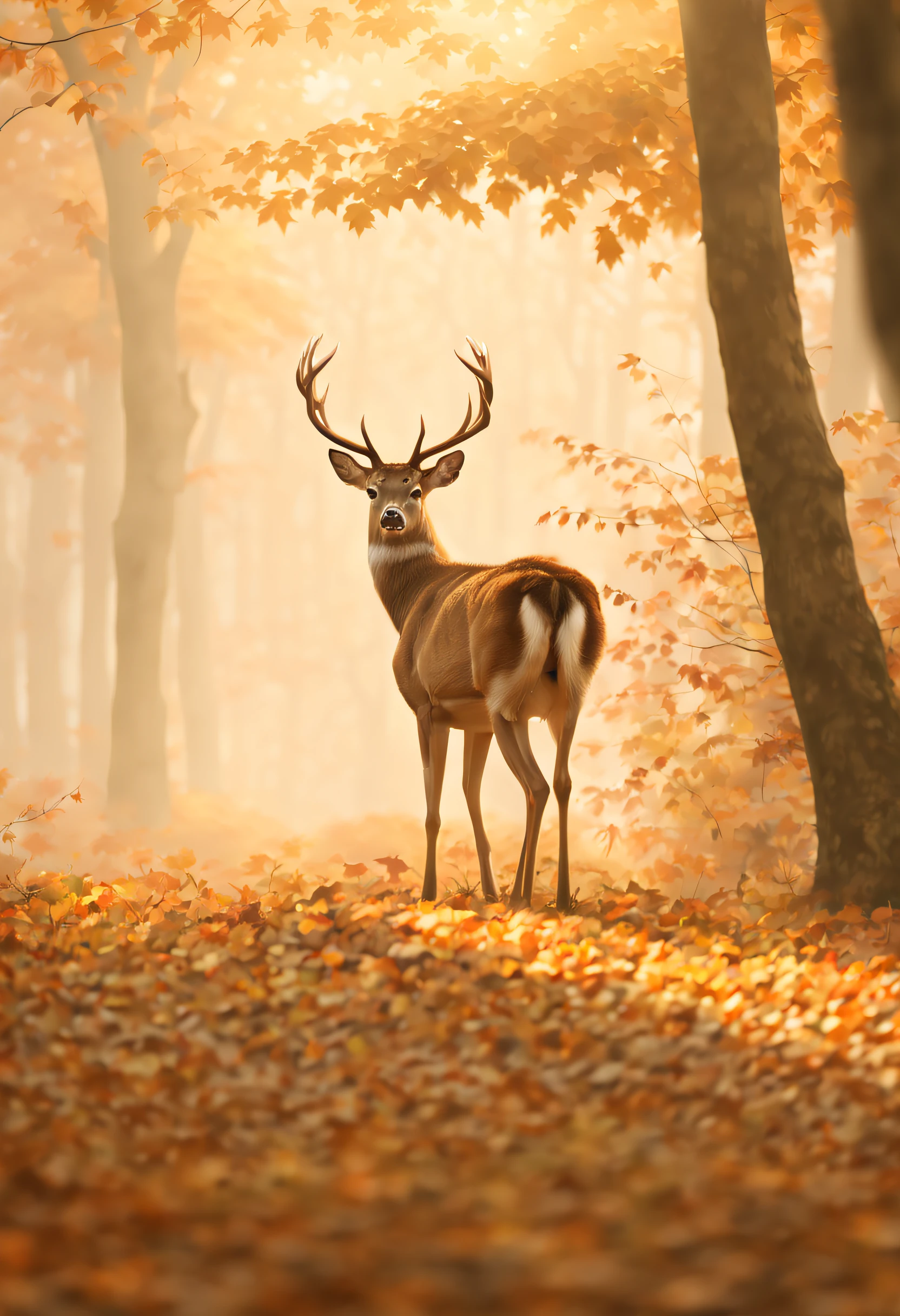 (best quality, 4k, 8k, high resolution, masterpiece: 1.2), ultra detailed, (realistic, photorealistic, photorealistic: 1.37),Beautiful view of autumn, dreamlike, there is a lot of fog in the forest, a deer appears through the fog, magnificent award-winning image.