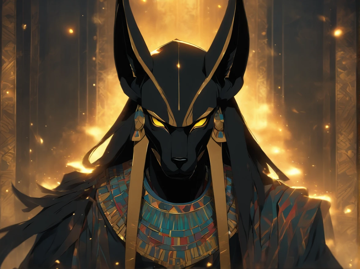 Dark and moody portrait of Anubis, Egyptian Grim Reaper, With golden tears, Face to the audience. His face is detailed and complex, In the style of Hilma Af Clint, Bold colors. The background is hazy and subtle, Make the portrait the focal point of Anubis himself. The images are evocative and mysterious, Invite the audience to think about its significance.