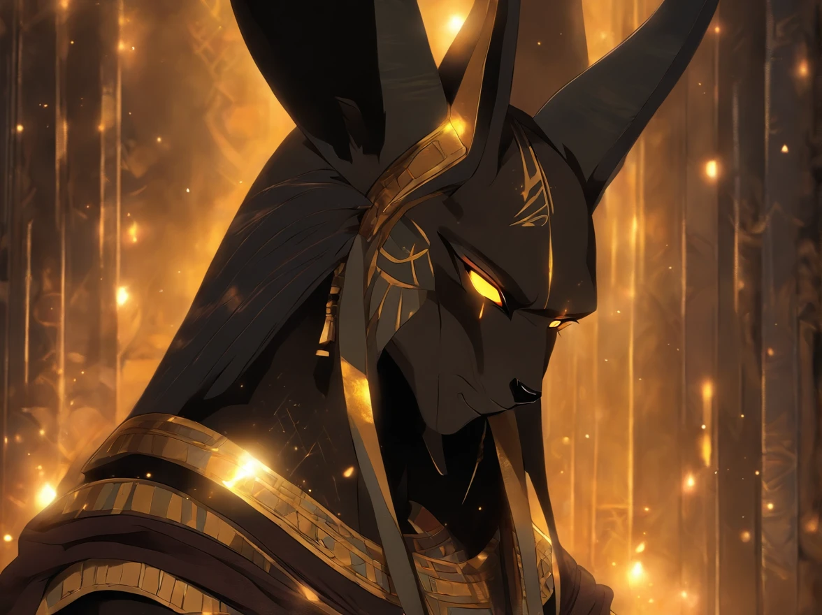 Dark and moody portrait of Anubis, Egyptian Grim Reaper, With golden tears, Face to the audience. His face is detailed and complex, In the style of Hilma Af Clint, Bold colors. The background is hazy and subtle, Make the portrait the focal point of Anubis himself. The images are evocative and mysterious, Invite the audience to think about its significance.