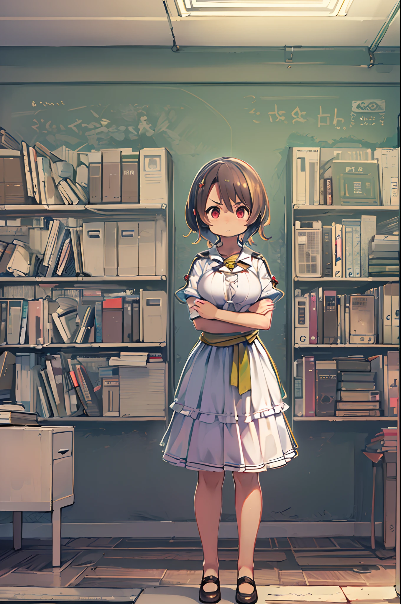 masutepiece, excellent, (Office: 1.8), Ultra-high-definition CG rendering, Standing, 1 Royal Sister, angry, Woman with short tanned hair, layered dress, Hands folded at the waist, Facing the audience, Illustration, Wide-angle panorama
