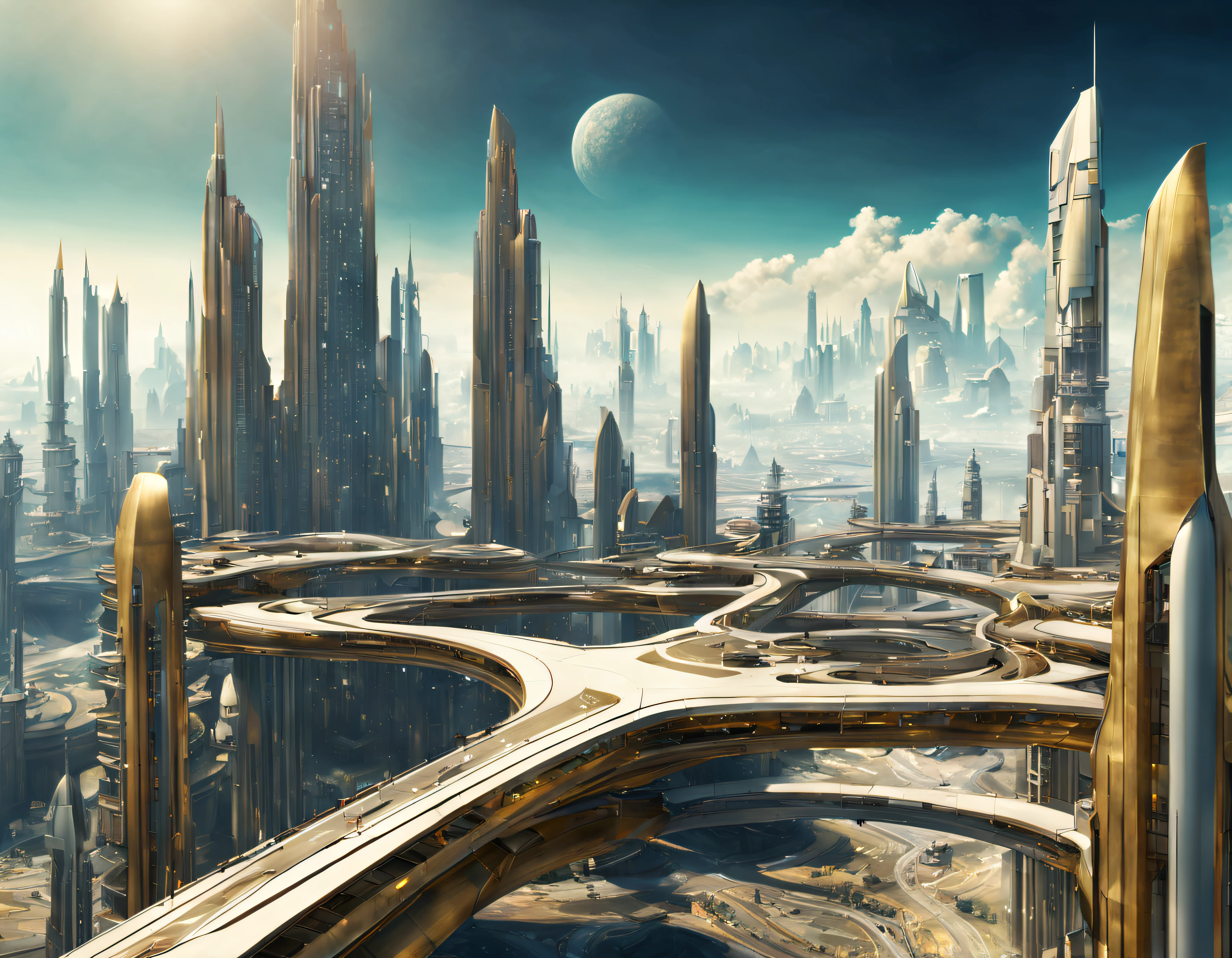 On an unknown planet lies a futuristic fantasy city with immense buildings of technological design (que forman una avenida infinita), con estructuras acristaladas en plata, oro y bronce espectaculares, con colores vivos. pavimento ensolado (sin brillo). gente paseando. (similar a coruscant). imagen bien definida con muchos edificios juntos. imagen nitida bien definida 8k. los edificios llegan alta el fondo.