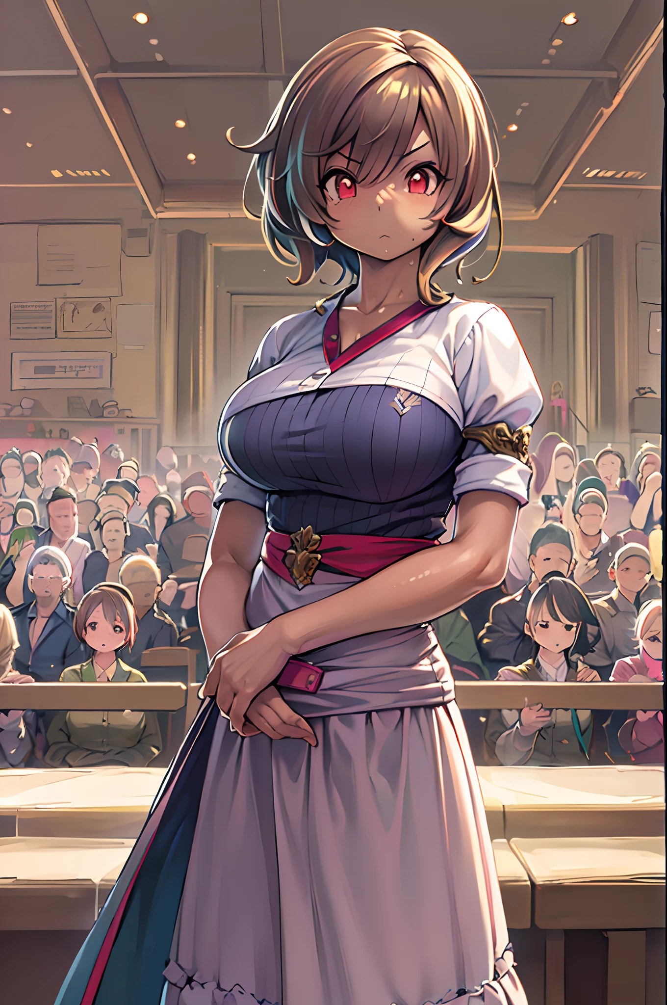 masutepiece, excellent, (Office: 1.8), Ultra-high-definition CG rendering, Standing, 1 Royal Sister, angry, Woman with short tanned hair, layered dress, Hands folded at the waist, Facing the audience, Illustration, Wide-angle panorama