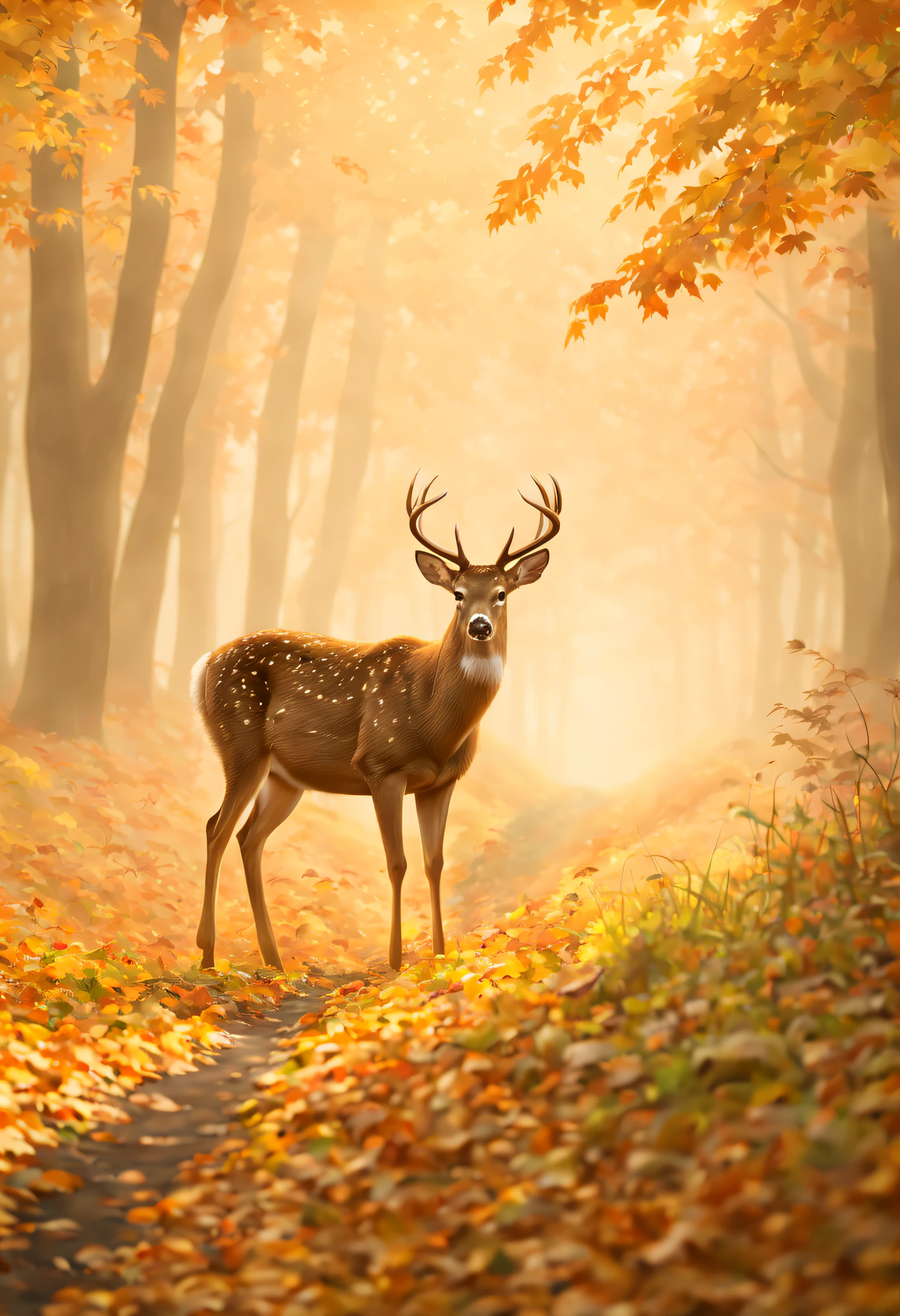 (best quality, 4k, 8k, high resolution, masterpiece: 1.2), ultra detailed, (realistic, photorealistic, photorealistic: 1.37),Beautiful view of autumn, dreamlike, there is a lot of fog in the forest, a deer appears through the fog, magnificent award-winning image.