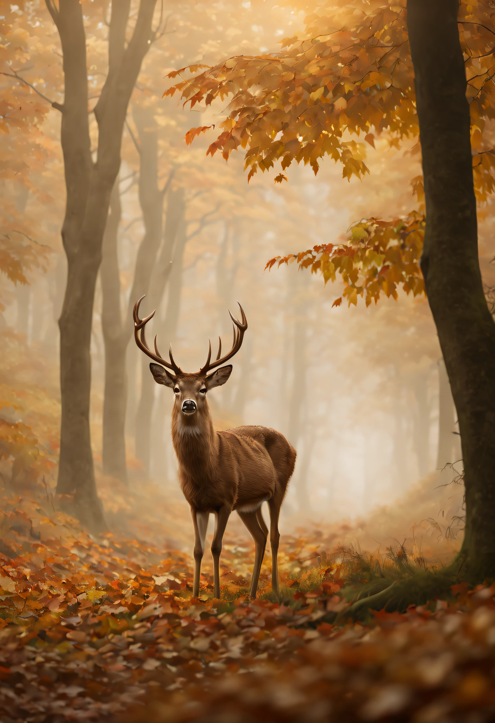 (best quality, 4k, 8k, high resolution, masterpiece: 1.2), ultra detailed, (realistic, photorealistic, photorealistic: 1.37),Beautiful view of autumn, dreamlike, there is a lot of fog in the forest, a deer appears through the fog, magnificent award-winning image.
