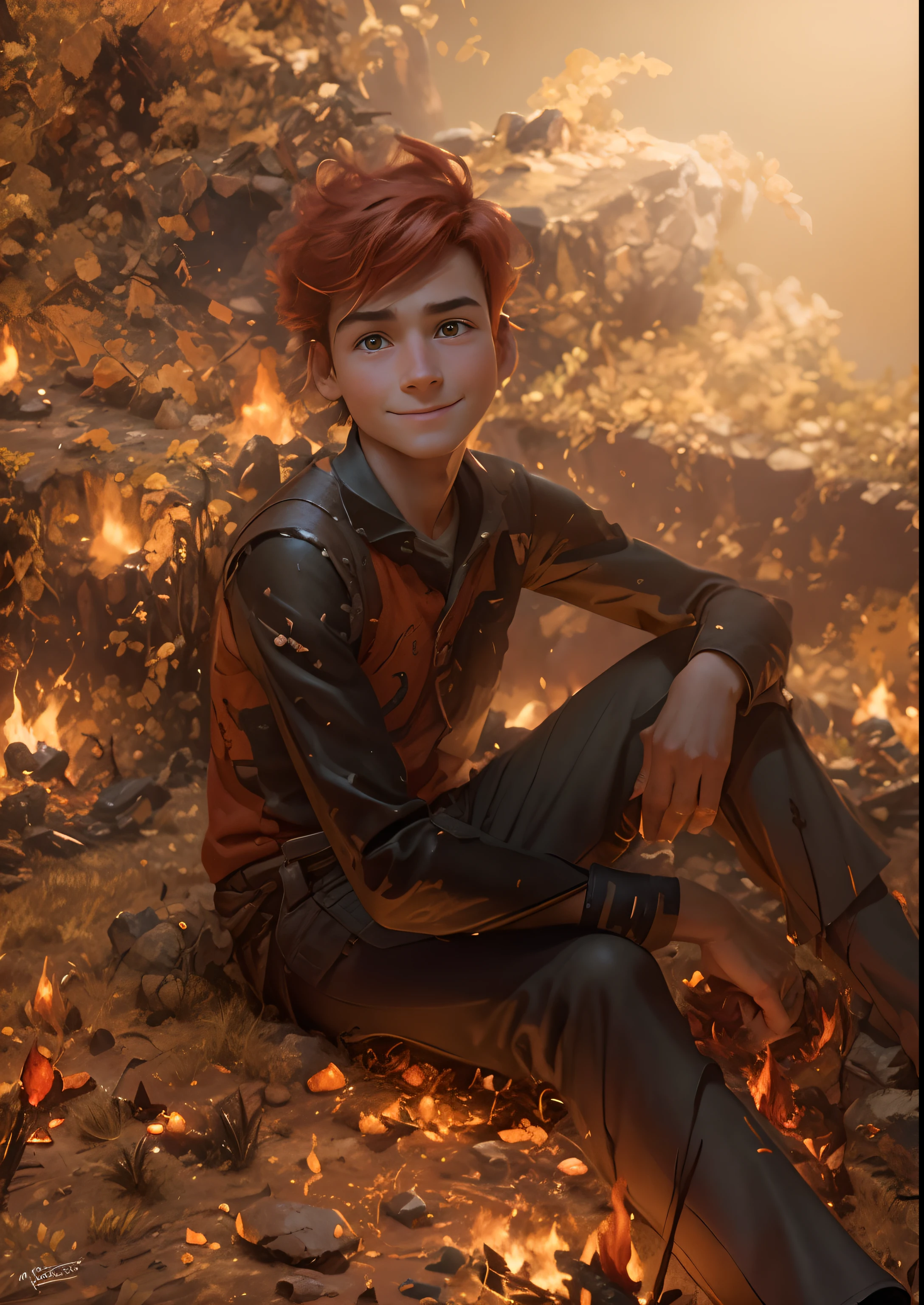 Pixar's cartoon style: A -yead redired boy is poor in poor clothing, In a cave with savages around a fire. Smiling broadly. a closeup of a. blurred background. Light haze.