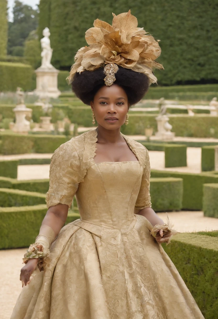 Imaginez la Reine Ranavalona III, Reine de Madagascar, blasian; walking with grace and majesty through the sumptuous gardens of the Palace of Versailles. Elle porte un chapeau et un trench, fourrure, both representative of its Malagasy culture and adapted to French elegance. At his side, A few French courtiers and dignitaries guided her, admirant les fontaines, sculptures et parterres de fleurs en pleine floraison. Le palais de Versailles, dans toute sa splendeur baroque, stands proudly in the background, with the sun reflecting its gilding. Visitors and onlookers keep a respectful distance, chuchotant entre eux avec admiration. Aucun texte sur l'image, Please