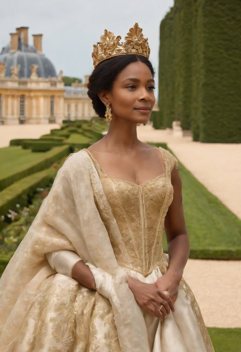 Imaginez la Reine Ranavalona III, Reine de Madagascar, blasian; walking with grace and majesty through the sumptuous gardens of the Palace of Versailles. Elle porte un chapeau et un trench, fourrure, both representative of its Malagasy culture and adapted to French elegance. At his side, A few French courtiers and dignitaries guided her, admirant les fontaines, sculptures et parterres de fleurs en pleine floraison. Le palais de Versailles, dans toute sa splendeur baroque, stands proudly in the background, with the sun reflecting its gilding. Visitors and onlookers keep a respectful distance, chuchotant entre eux avec admiration. Aucun texte sur l'image, Please