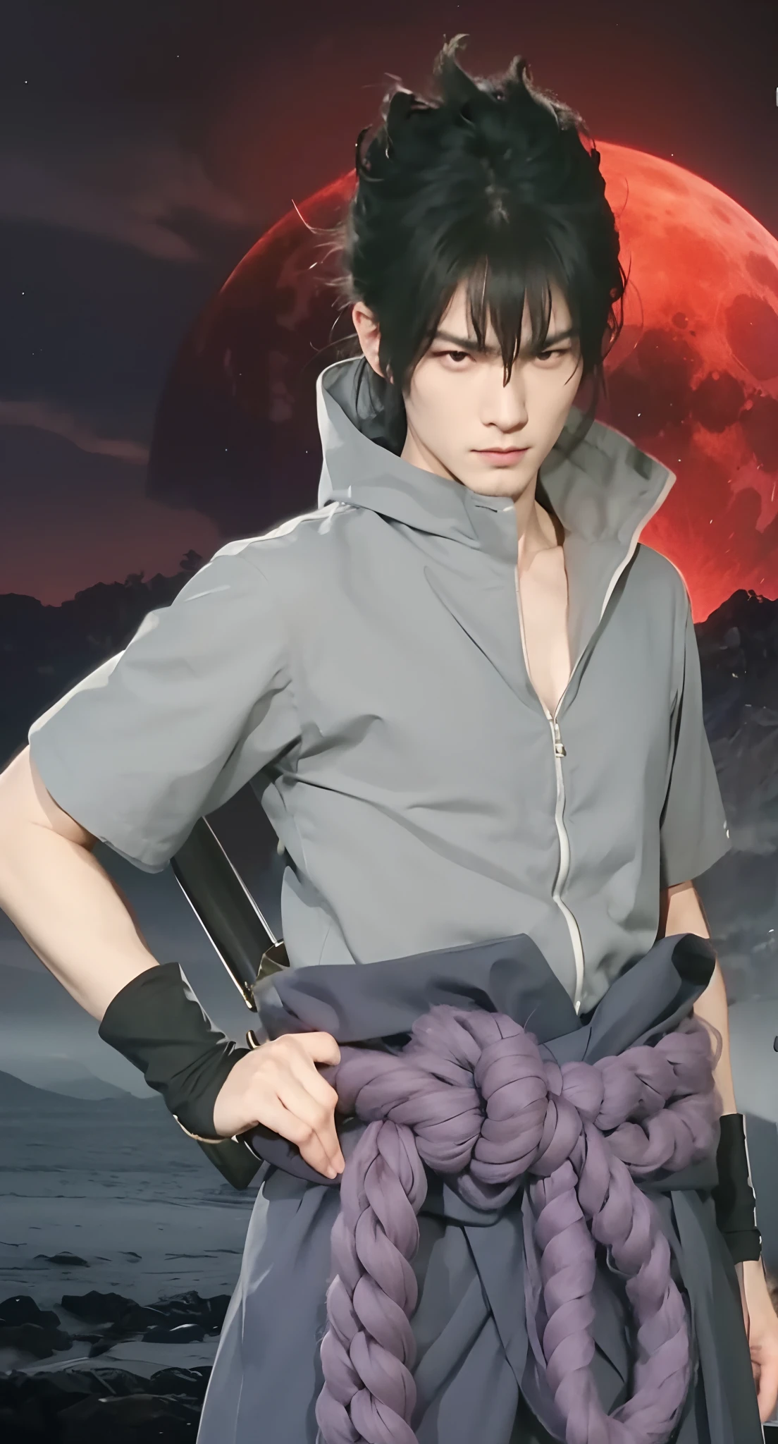 Real life adaption of this character, handsome face, villain expression, looking to viewer,realistic same hair , realistic same outfit wear a large purple rope tied around his waist , realistic red moon background in field, hyper realistic, realistic light, realistic shadow, realism,(photorealistic:1.2),there is katana on the back