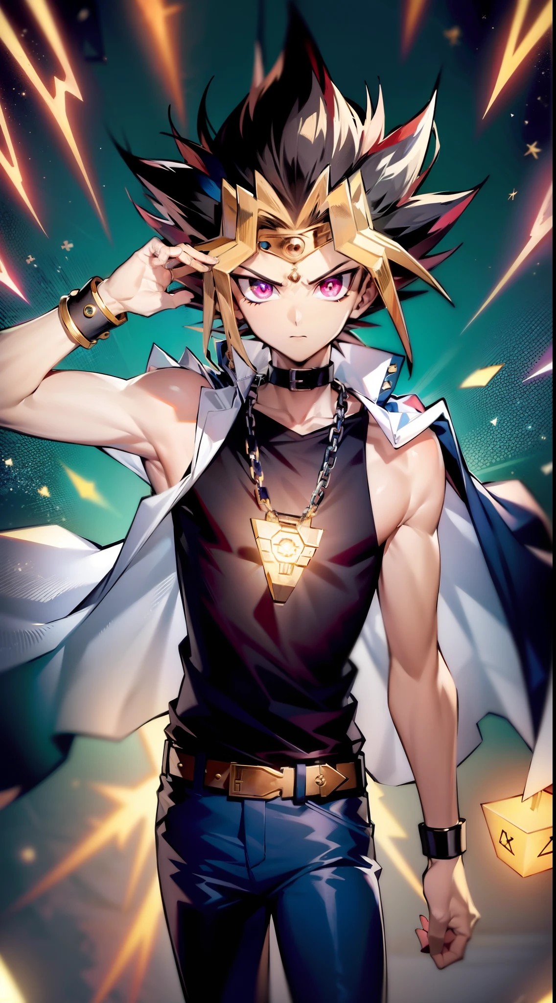 ((masterpiece, best quality)),(complex light),1boy, solo , yugi muto, black hair,  jacket on shoulders,  pyramid necklace, big pendant, sleeveless shirt, millennium puzzle, serious, glowing eye of horus on forehead, blue pants