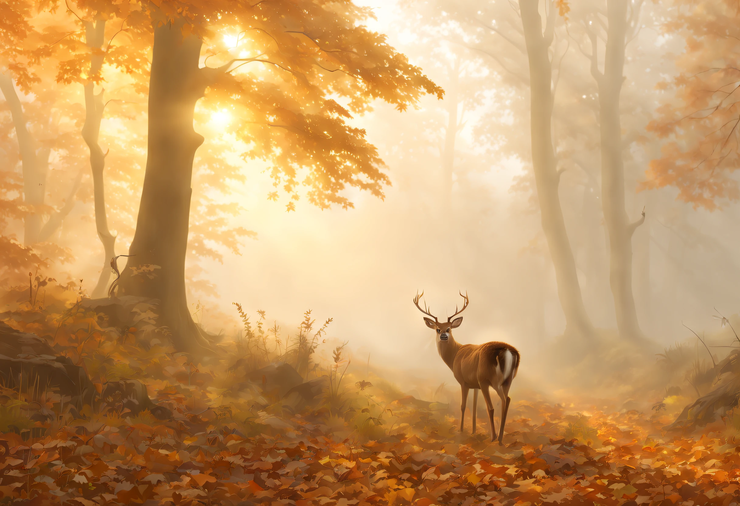 (best quality, 4k, 8k, high resolution, masterpiece: 1.2), ultra detailed, (realistic, photorealistic, photorealistic: 1.37),Beautiful view of autumn, dreamlike, there is a lot of fog in the forest, a deer appears through the fog, magnificent award-winning image.