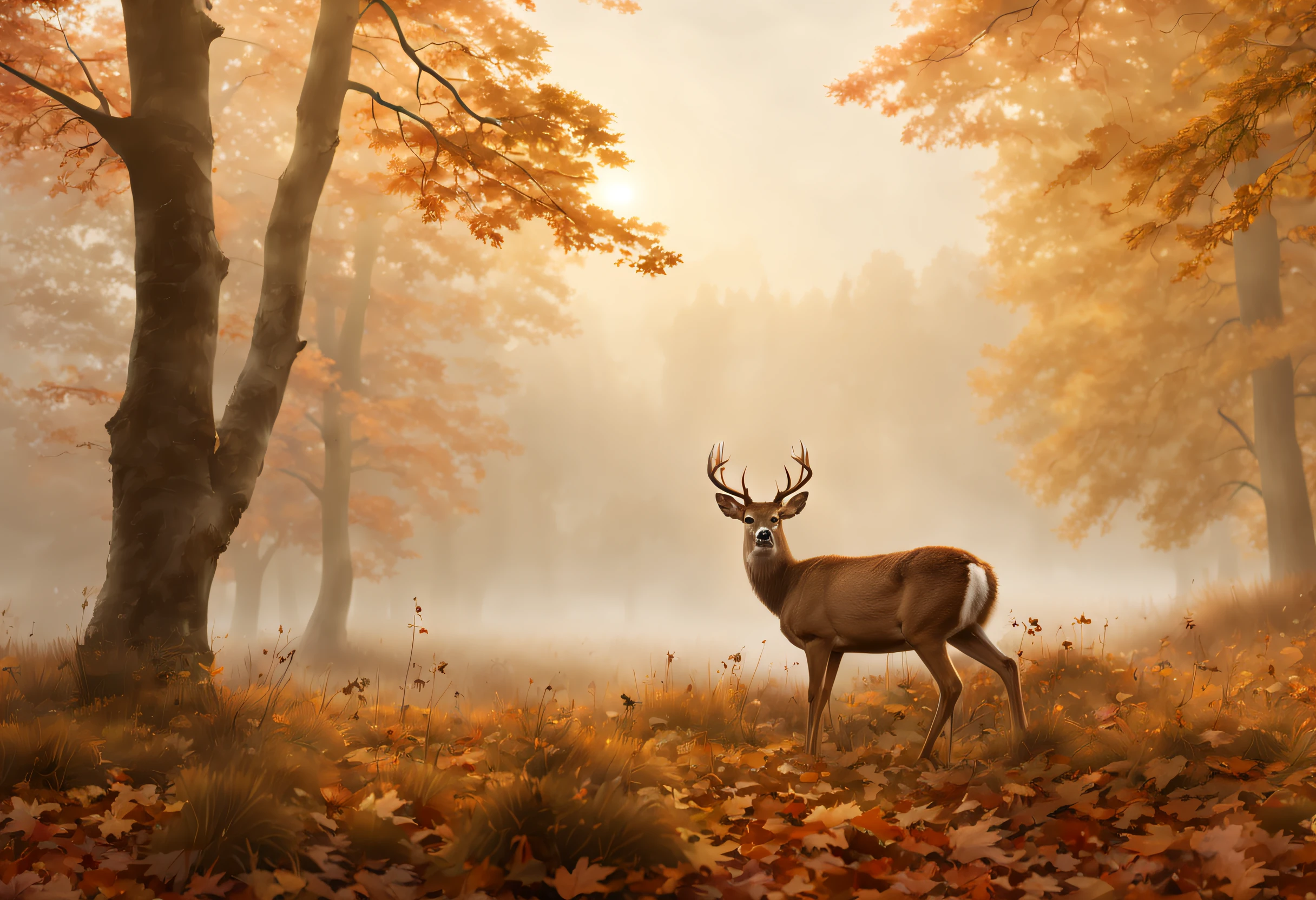 (best quality, 4k, 8k, high resolution, masterpiece: 1.2), ultra detailed, (realistic, photorealistic, photorealistic: 1.37),Beautiful view of autumn, dreamlike, there is a lot of fog in the forest, a deer appears through the fog, magnificent award-winning image.