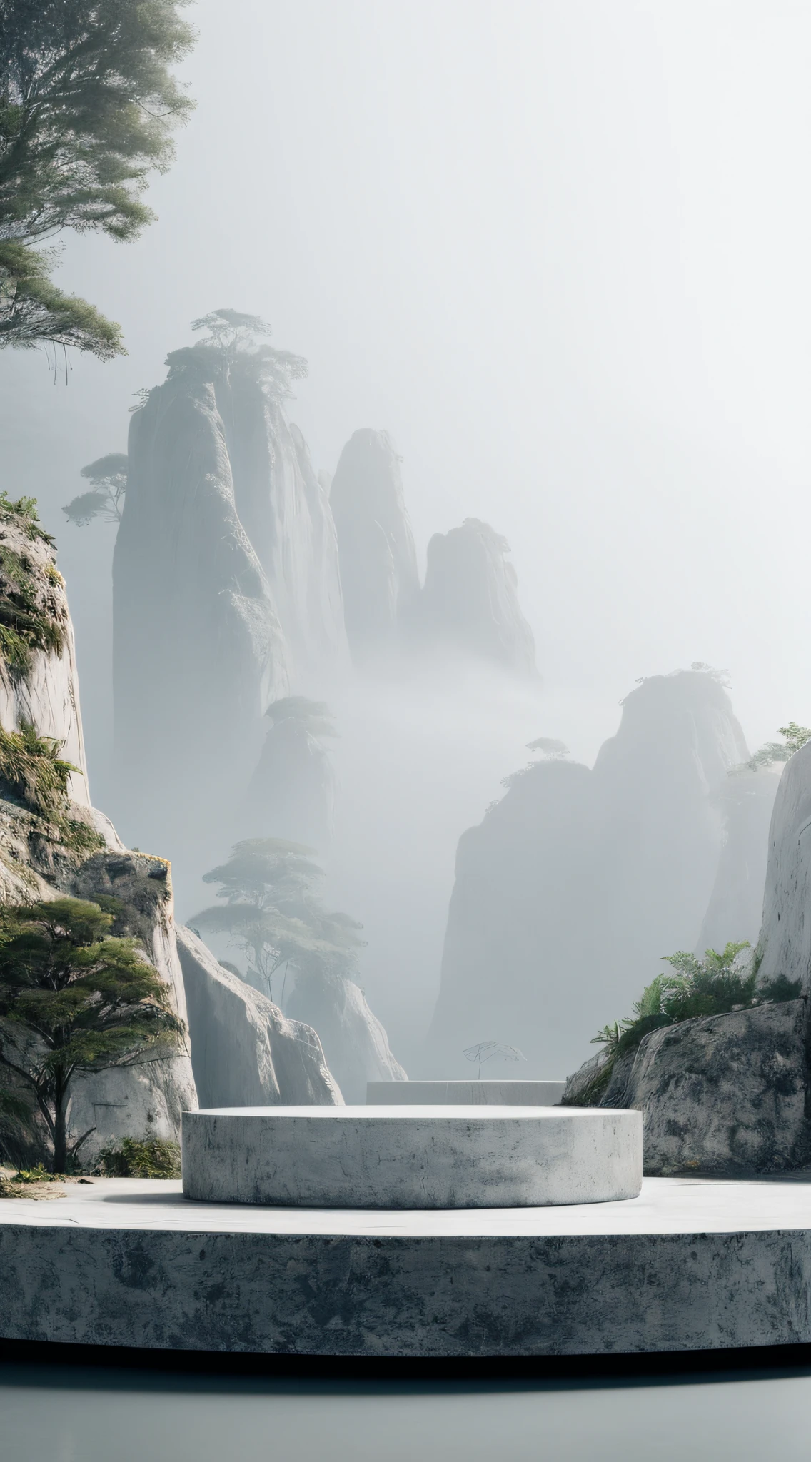 There is a circular concrete platform,There is a plant growing on it, beautiful landscape rendering, rendering by octane. Heavy fog, detailed scenic view, atmospheric render, detail render, mountains in fog background, misty environment, foggy jungle in the background, Inspired by Xiao Yuncong, metaphysical foggy environment, fantasy render, detailed render, in style of 3d render, futuristic landscape