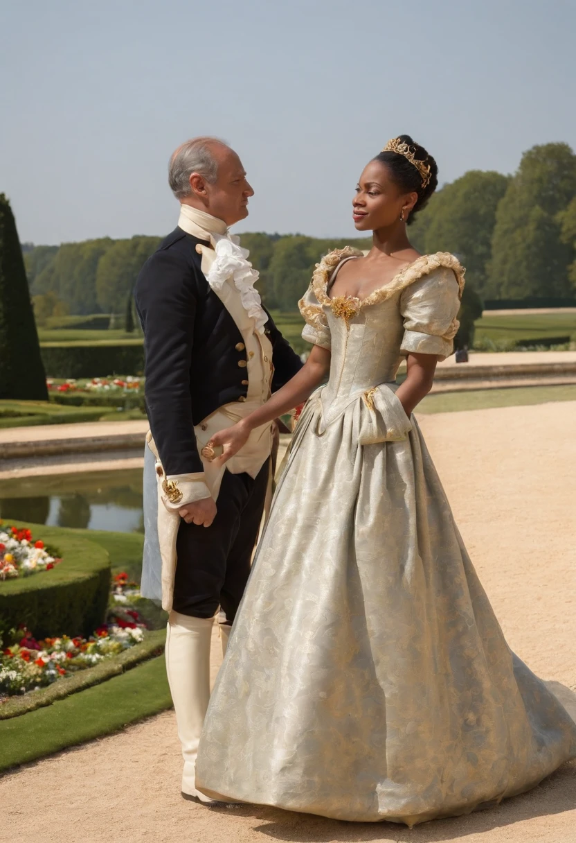 Imaginez la Reine Ranavalona III, Reine de Madagascar, blasian ; ne porte pas de courronne, walking with grace and majesty through the sumptuous gardens of the Palace of Versailles. Elle porte un chapeau et un trench, fourrure, both representative of its Malagasy culture and adapted to French elegance. At his side, A few French courtiers and dignitaries guided her, admirant les fontaines, sculptures et parterres de fleurs en pleine floraison. Le palais de Versailles, dans toute sa splendeur baroque, stands proudly in the background, with the sun reflecting its gilding. Visitors and onlookers keep a respectful distance, chuchotant entre eux avec admiration. Aucun texte sur l'image, Please
