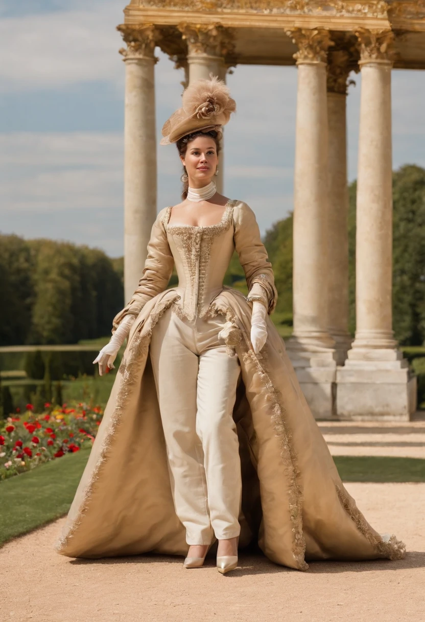 Imaginez la Reine Ranavalona III, Reine de Madagascar, blasian ; ne porte pas de courronne, walking with grace and majesty through the sumptuous gardens of the Palace of Versailles. Elle porte un chapeau et un trench, fourrure, both representative of its Malagasy culture and adapted to French elegance. At his side, A few French courtiers and dignitaries guided her, admirant les fontaines, sculptures et parterres de fleurs en pleine floraison. Le palais de Versailles, dans toute sa splendeur baroque, stands proudly in the background, with the sun reflecting its gilding. Visitors and onlookers keep a respectful distance, chuchotant entre eux avec admiration. Aucun texte sur l'image, Please