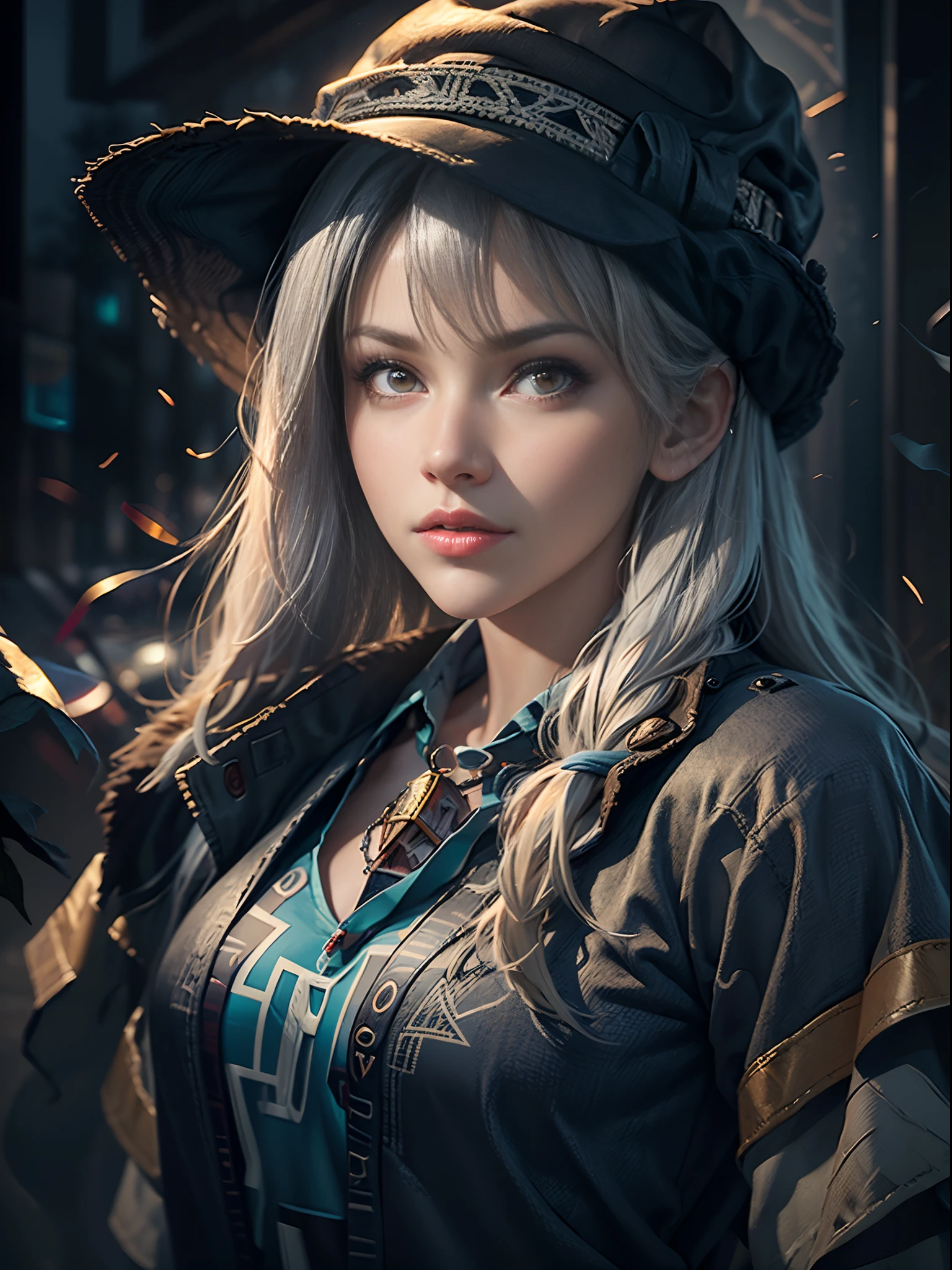 Hyperrealist portrait of female by david hockney and alphonse mucha,fantasy art, photo realistic, dynamic lighting, artstation, poster, volumetric lighting, very detailed faces, 4 k, award winning,, 1girl, in the dark, deep shadow, low key,cowboy shot,(official clothing:1.4) ,long hair,white hair,