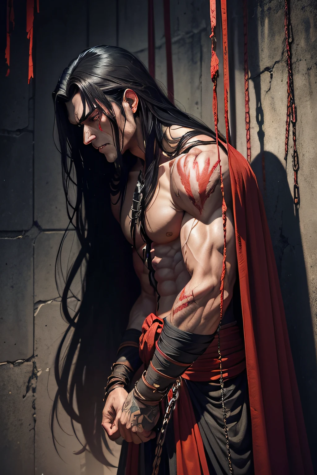 dark muscular male evil lord with long black hair wearing black and red cloak tied up with ropes to a wall of a dark cell, ropes, tied up, chained, ropes, arms tied, blood, scars, blood stains, crying, sadness, pain, sad expression