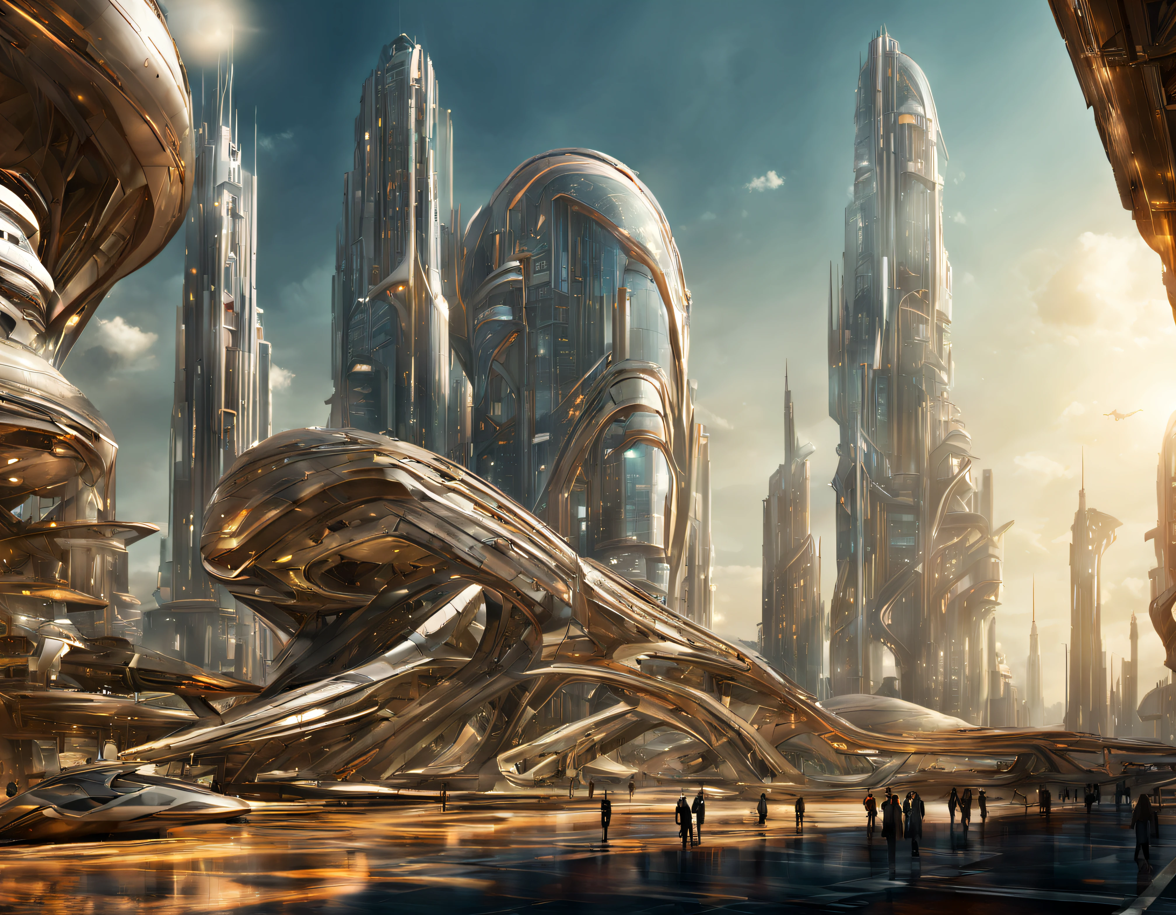 On an unknown planet lies a futuristic fantasy city with immense buildings of technological design (que forman una avenida infinita), con estructuras acristaladas en plata, oro y bronce espectaculares, con colores vivos. pavimento ensolado (sin brillo). gente paseando. (similar a coruscant). imagen bien definida con muchos edificios juntos. imagen nitida bien definida 8k. los edificios llegan alta el fondo.