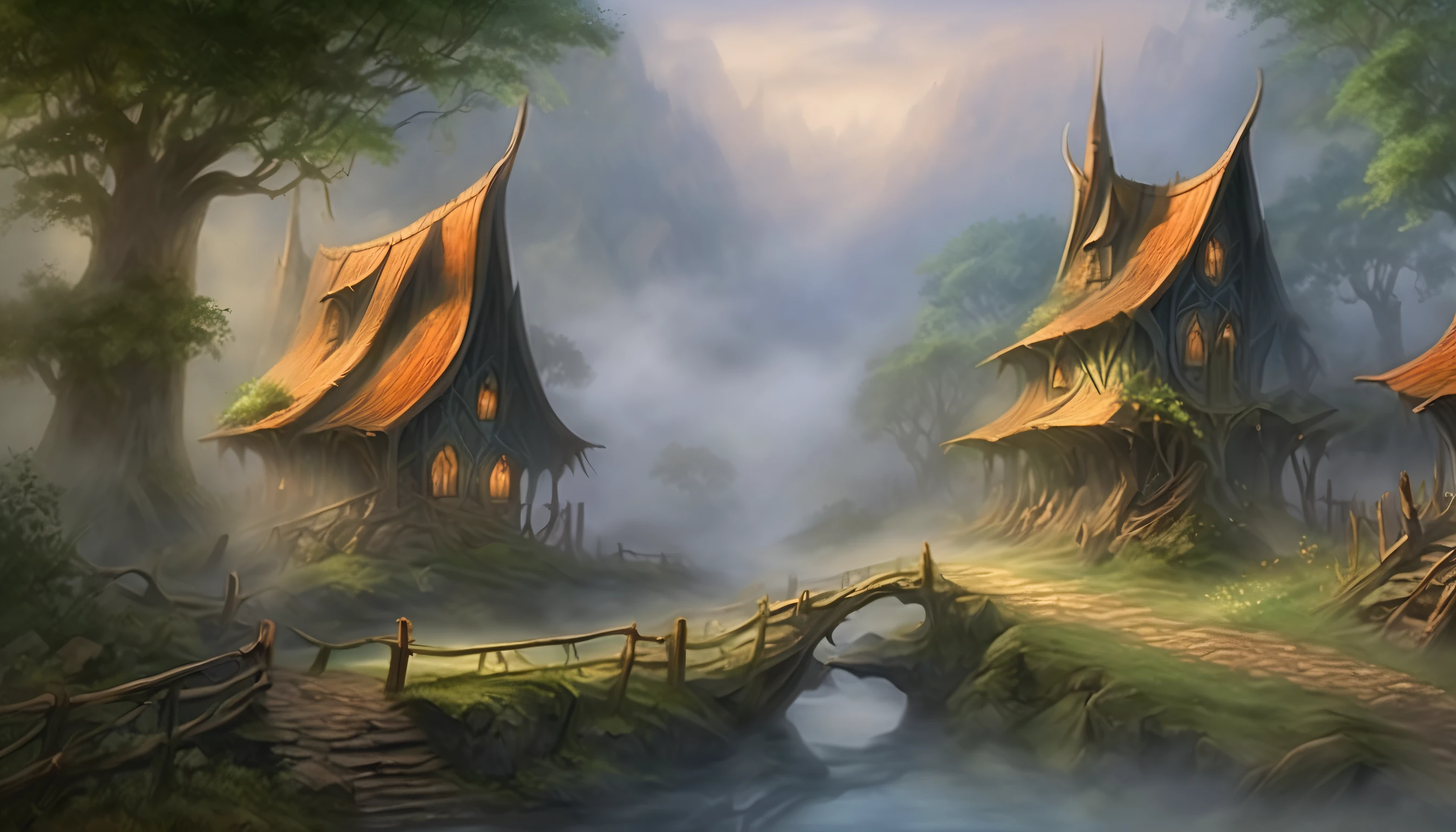 (((mystical veil of fog envelops a serene elven village))), graceful elves roam and go about their daily lives, elegant elven beings, world of fantasy, (((ethereal beauty of an elven settlement:1.1))), enchanting fantasy and vibrant realm, misty, elf punk landscape background detail,
