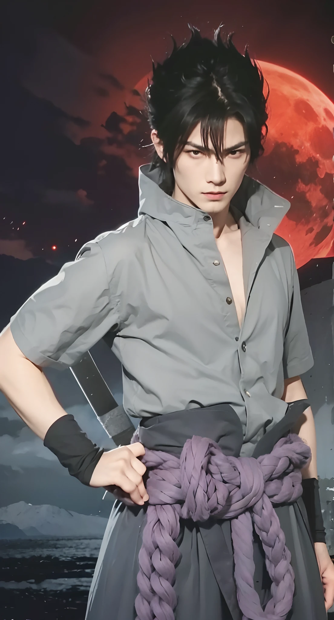 Real life adaption of this character, handsome face, villain expression, looking to viewer,((realistic same hair the front is exactly the same and the back is long spiky upwards)) , realistic same outfit wear a large purple rope tied around his waist , realistic red moon background in field, hyper realistic, realistic light, realistic shadow, realism,(photorealistic:1.2),there is katana on the back