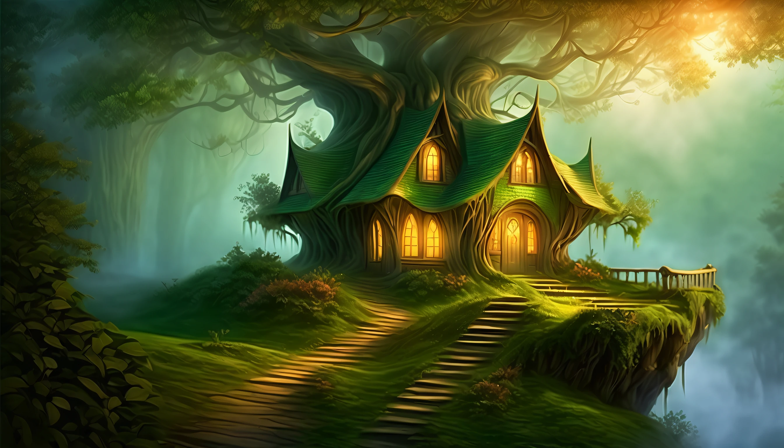 (((mystical veil of fog envelops a serene elven house on the tree:1.3))), graceful elves roam and go about their daily lives, elegant elven beings, world of fantasy, (((ethereal beauty of an elven settlement:1.1))), enchanting fantasy and vibrant realm, misty, fantasy forest landscape background detail, intricate details digital colors,