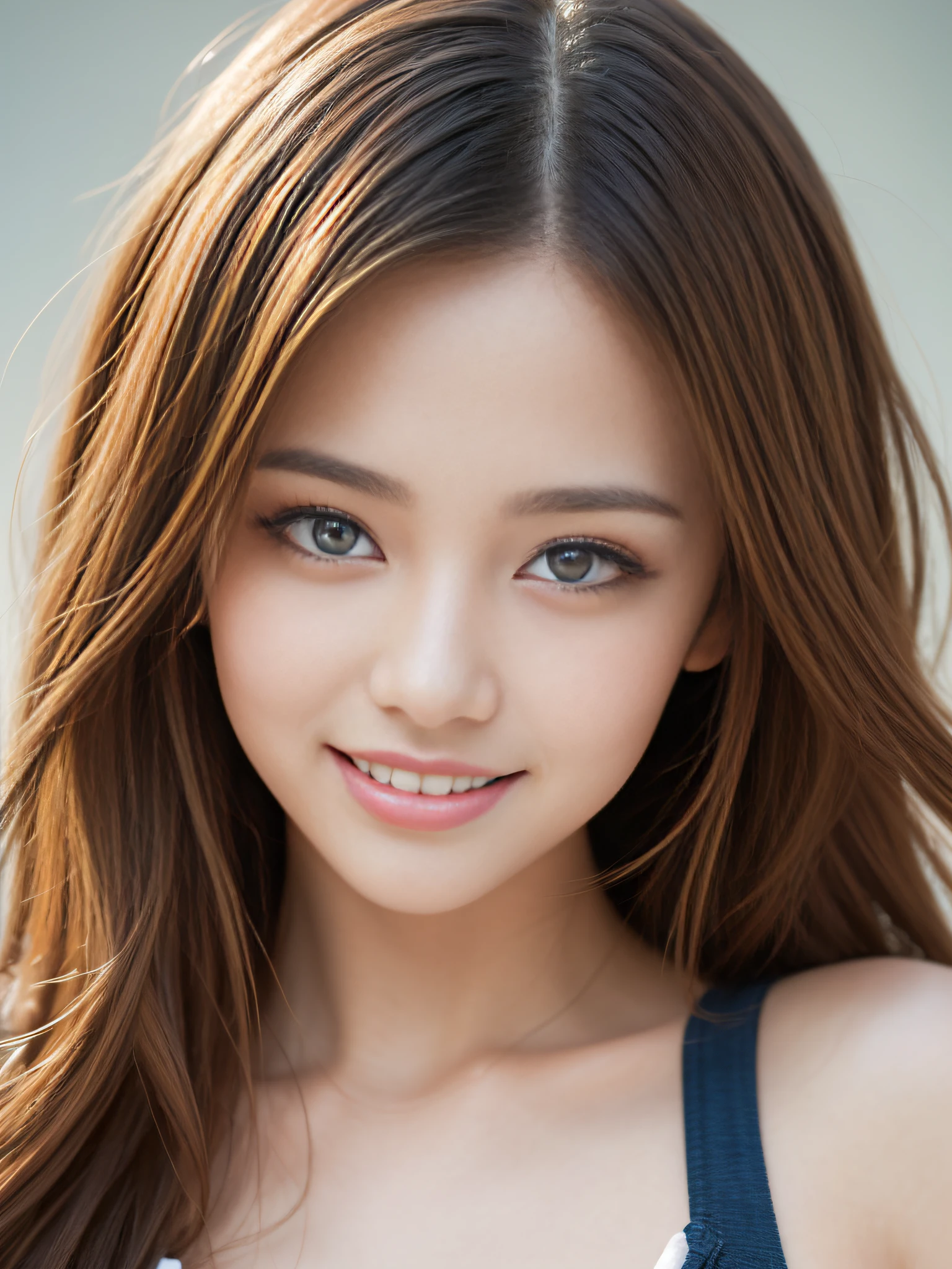 masutepiece, Best Quality, Illustration, Ultra-detailed, finely detail, hight resolution, 8K Wallpaper, Perfect dynamic composition, Beautiful detailed eyes, Women's Fashion Summer,Medium Hair,Small breasts natural color lip, Bold sexy poses,Smile,Harajuku、20 years girl、Cute、Sexy shot looking at camera