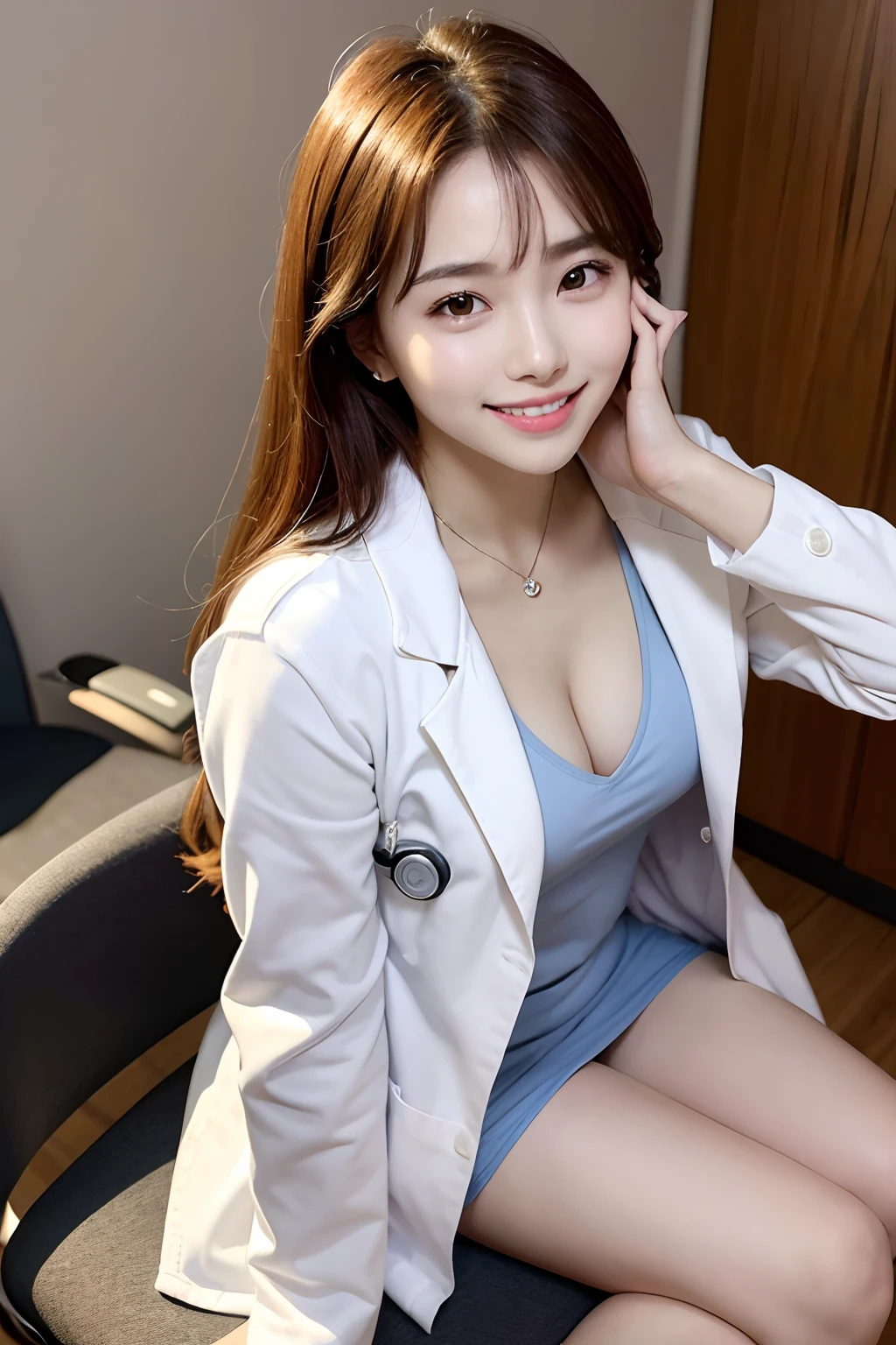 Female doctor in white coat、1Man Woman、(Smile Face:1.1)、Slim Face、The most beautiful women in the world、hyperdetailed face、Detailed eye、二重まぶた、Kamimei、perfect teeth、Perfect tooth alignment、(glistning skin)、(sun-kissed skin)、(real looking skin)、Blurred background、full body Esbian、frontage、Slim Face、Brightly colored clothing、Sit in a chair in the exam room、Wear a stethoscope、From above、a miniskirt、beautiful hairl、I can see the cleavage、Full Body Pose、(pureerosface_v1:0.8)、a small face、ssmile、A sexy、hide one's hands