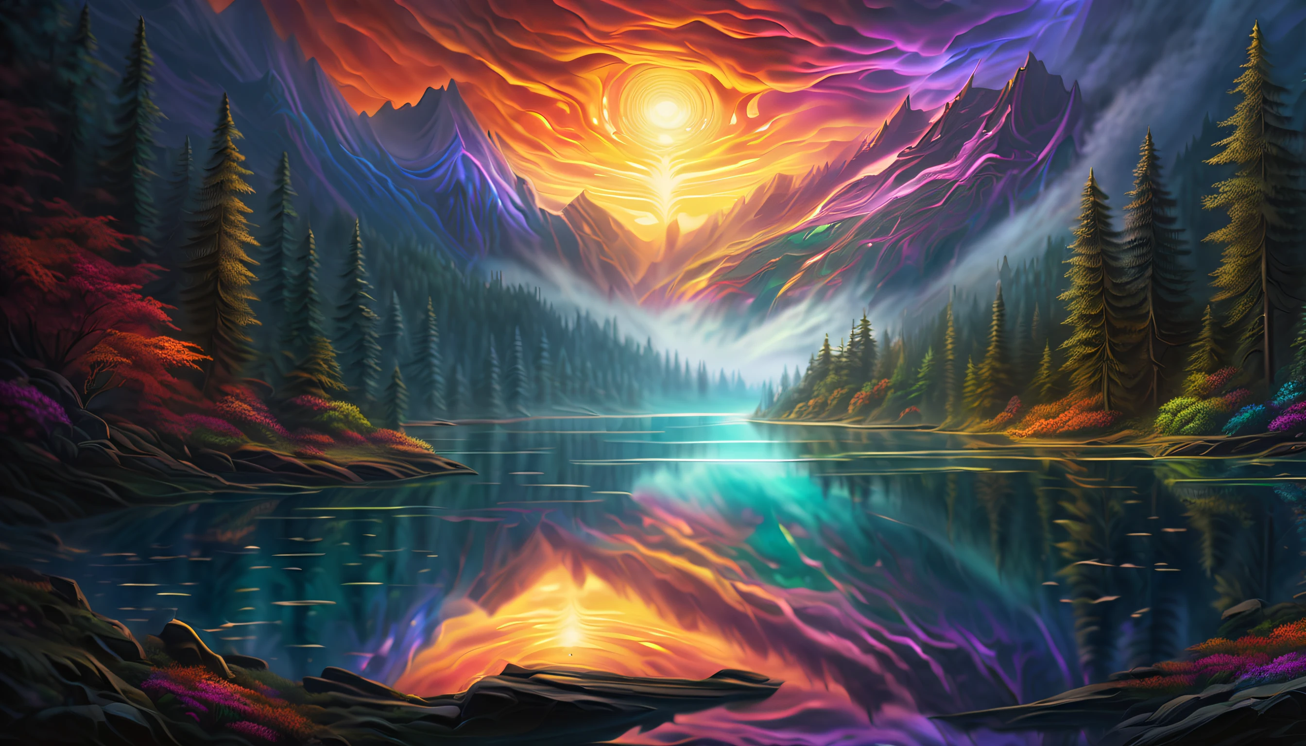 (imagine a visually striking illustration of a mountain forest lake:1.1), (dark fantasy misty of good-look girl face:1.3), goddess smile, from above, beautiful intricate detail glow, supernatural beauty trapped in a mystical mist realm. luxury make it an absolute visual masterpiece. painting is an explosion of vibrant colors and fluid brushstrokes, exquisite attention to extremely details, (meticulously detailed digital painting:1.3), (((radiosity rendered in stunning 32k resolution, :1.3))), crisp clarity that is unmatched,