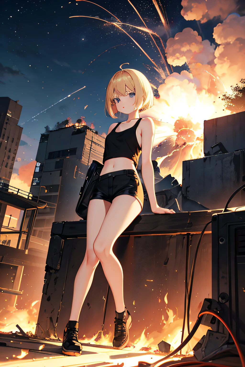 during night、Explosions and flames at an airbase、Exploding buildings、cute blonde girl、cute face、elegant sleek smooth body、full body Esbian、Short bob hair、a blond、blue eyes、Black tank top、sexy black shorts、Wearing black shorts