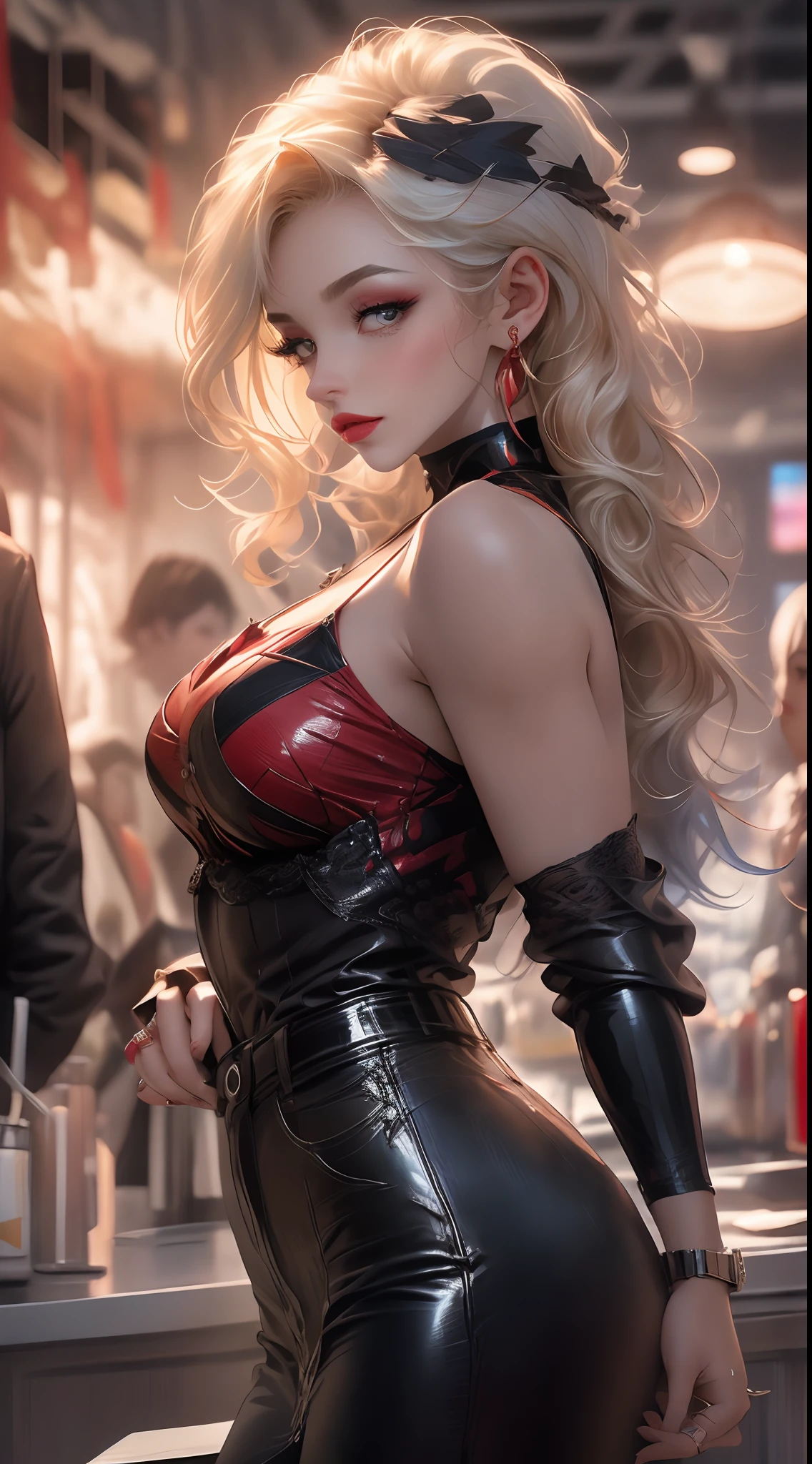 Side profile,masterpiece, top quality, 8K, real person, realistic, very dense CG, shiny skin, fully focused, radiant, Marylin Monroe seductive look,red lips,bold and majestic look,, wearing a loose top, stylish design, mesmerizing look,bold and majestic look, Background England, beautiful and elegant lady