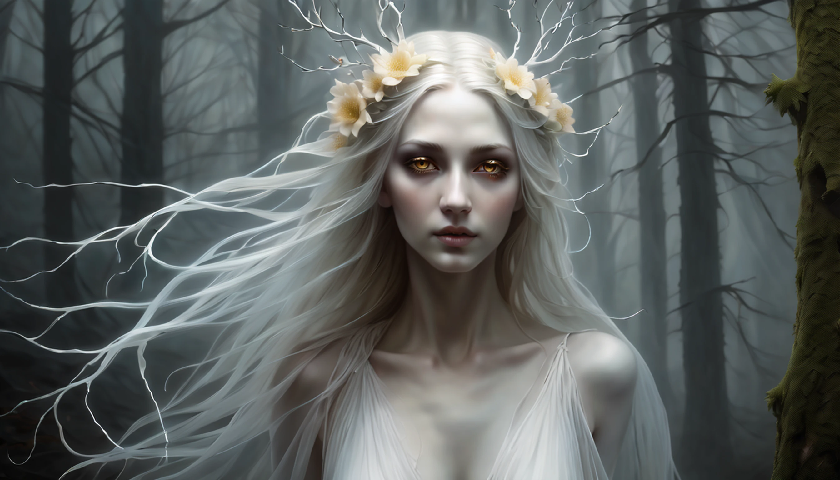 (((hauntingly ethereal beautiful nymph of presence emanates an eerie enchantment with Neuron fog that envelops everything illustration:1.3))), (in the forest, with include sadness, fear, coercion, ultimate beauty:1.3), remarkably lifelike painting, pale brown eyes, white golden hair, smooth and flowless skin, exquisite attention to detail, seamless blend, supernatural beauty trapped in a mystical realm. highest quality, highly quality, flowing hair adorned with delicate flowers, beautiful mysterious glow, (((extremely insane details:1.3))),