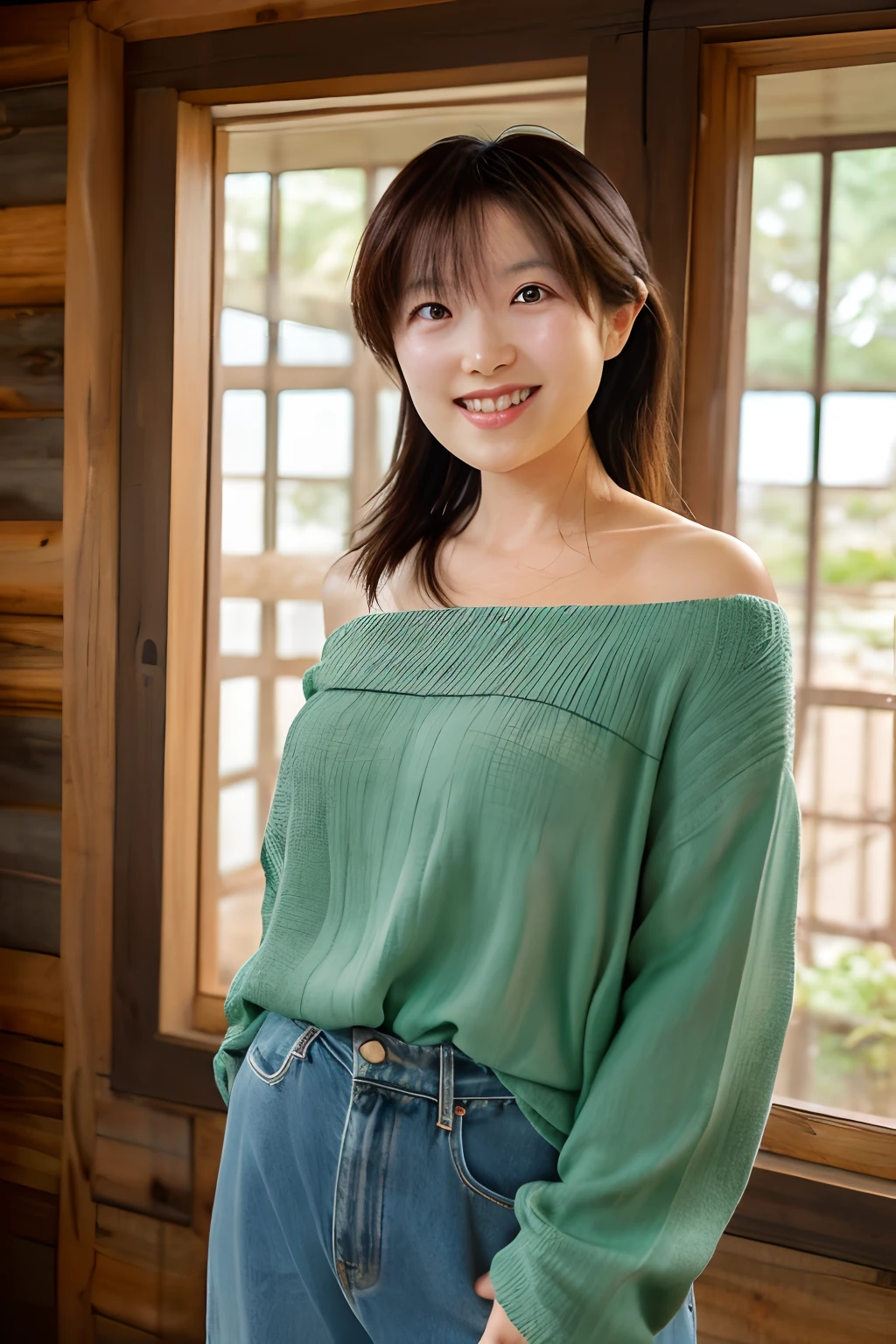 “Generate a cover photo where Shiho is facing forward, wearing a casual yet stylish outfit like a flowing blouse and jeans, with natural makeup, standing either in her home with a cozy backdrop or outdoors surrounded by lush greenery.”,portlait , upper body , smile