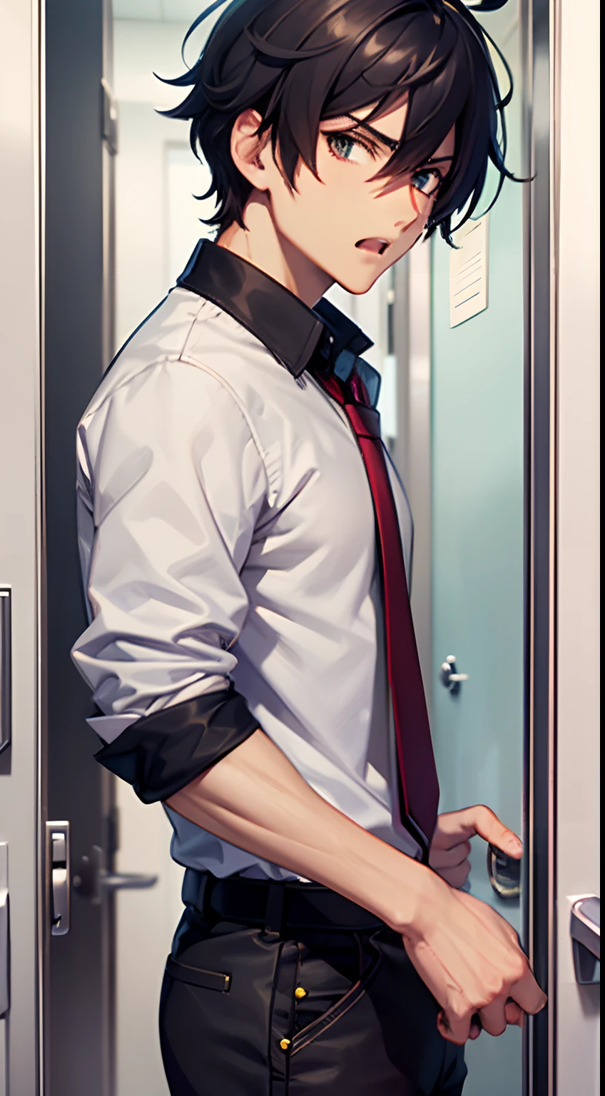 a handsome highschool school boy with messy , black and short hair stand on the washroom door with shocking expression, anime
