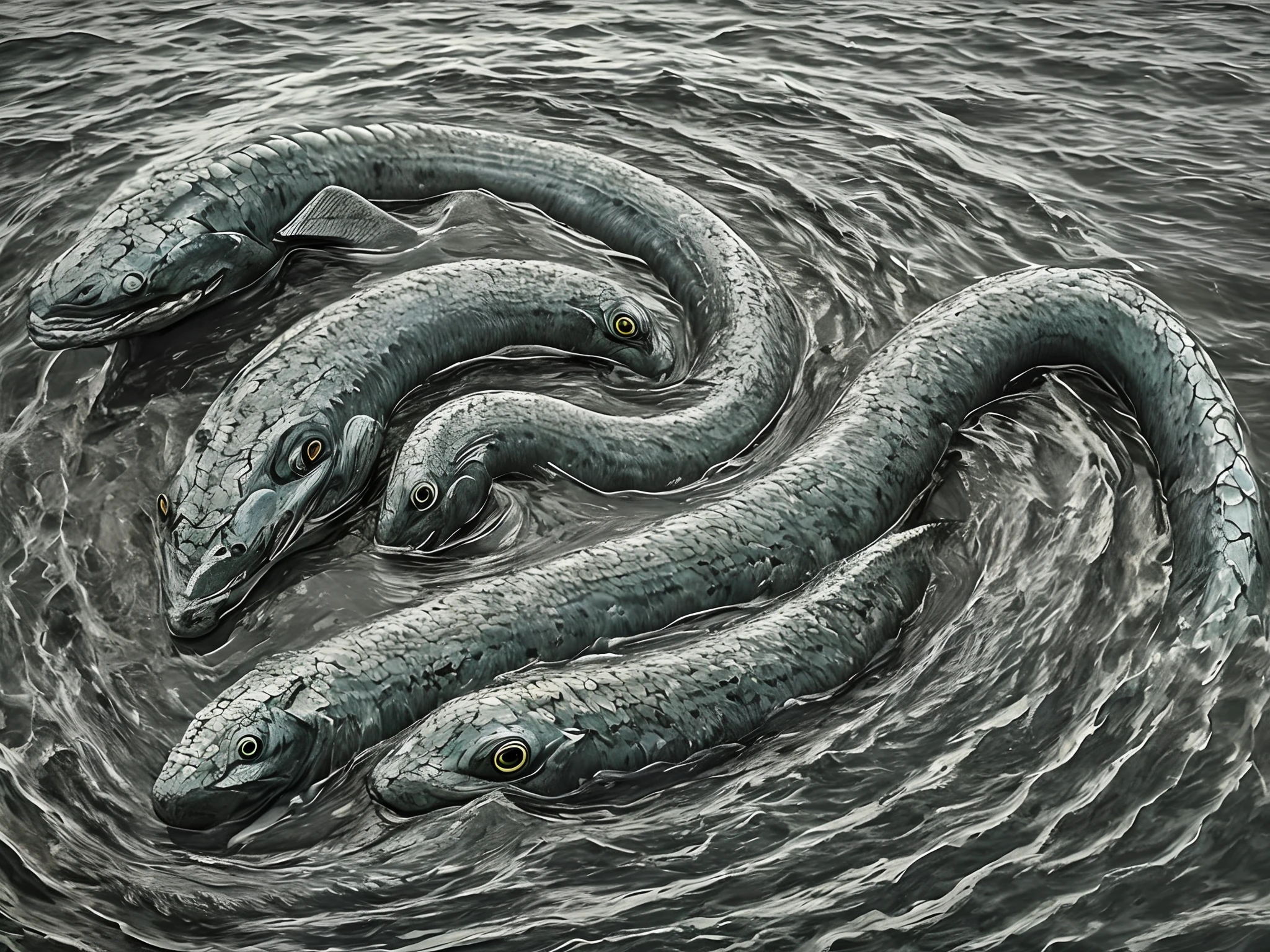 Sea serpent with two heads eight eyes terrifying deep underwater dark menacing big mouth open