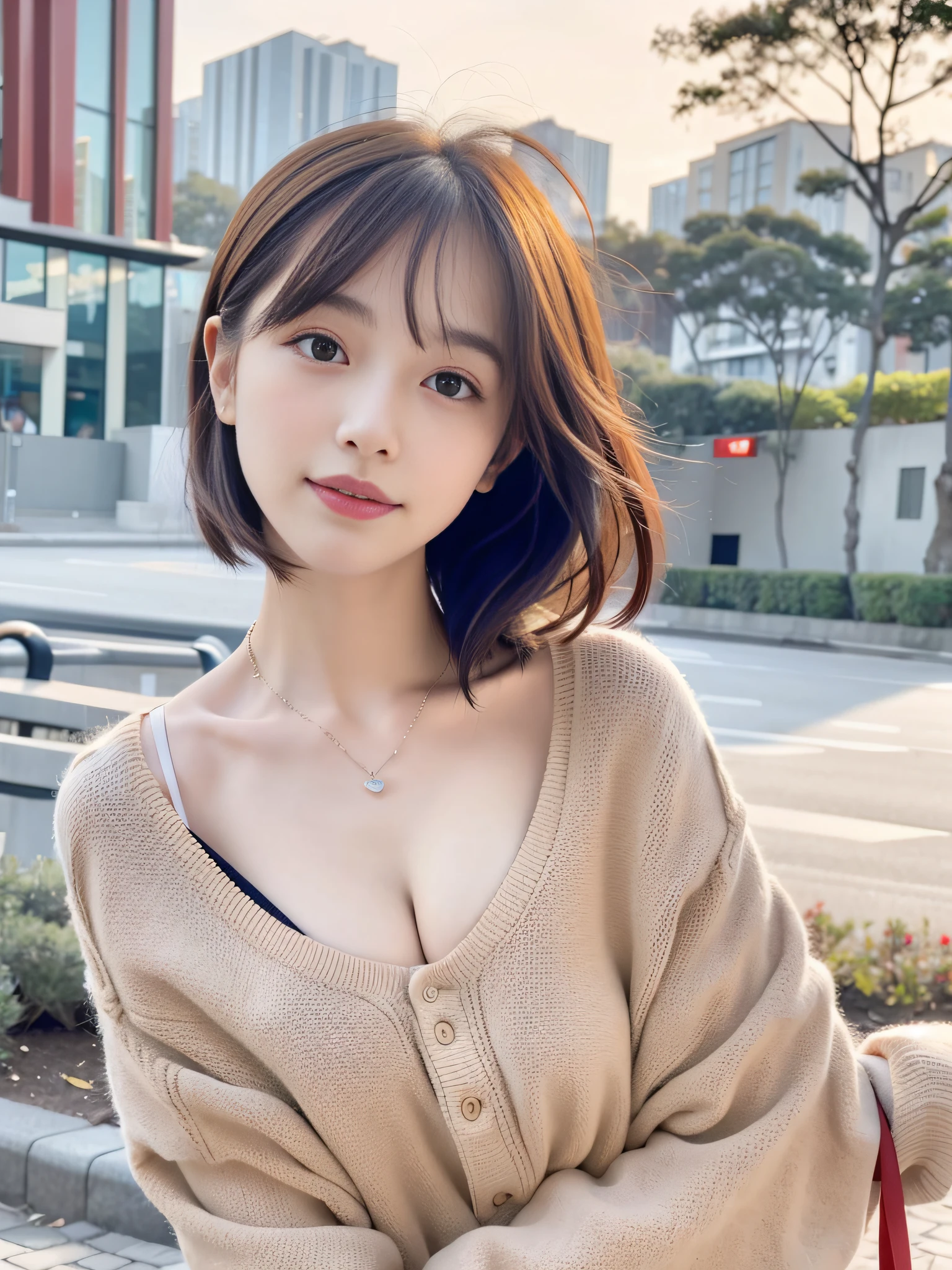 (8K、Raw photography、top-quality、​masterpiece:1.2)、(reallistic、Photorealsitic:1.37)、The ultra -The high-definition、1 girl in、cute little、独奏、Beautiful sky、Detailed Cafe、natta、Sitting、date、(Nasal redness)、(A smile:1.1)、(Closed)、mideum breasts、beautidful eyes、(barechested:1.1)、(short-hair:1.2)、Floating hair