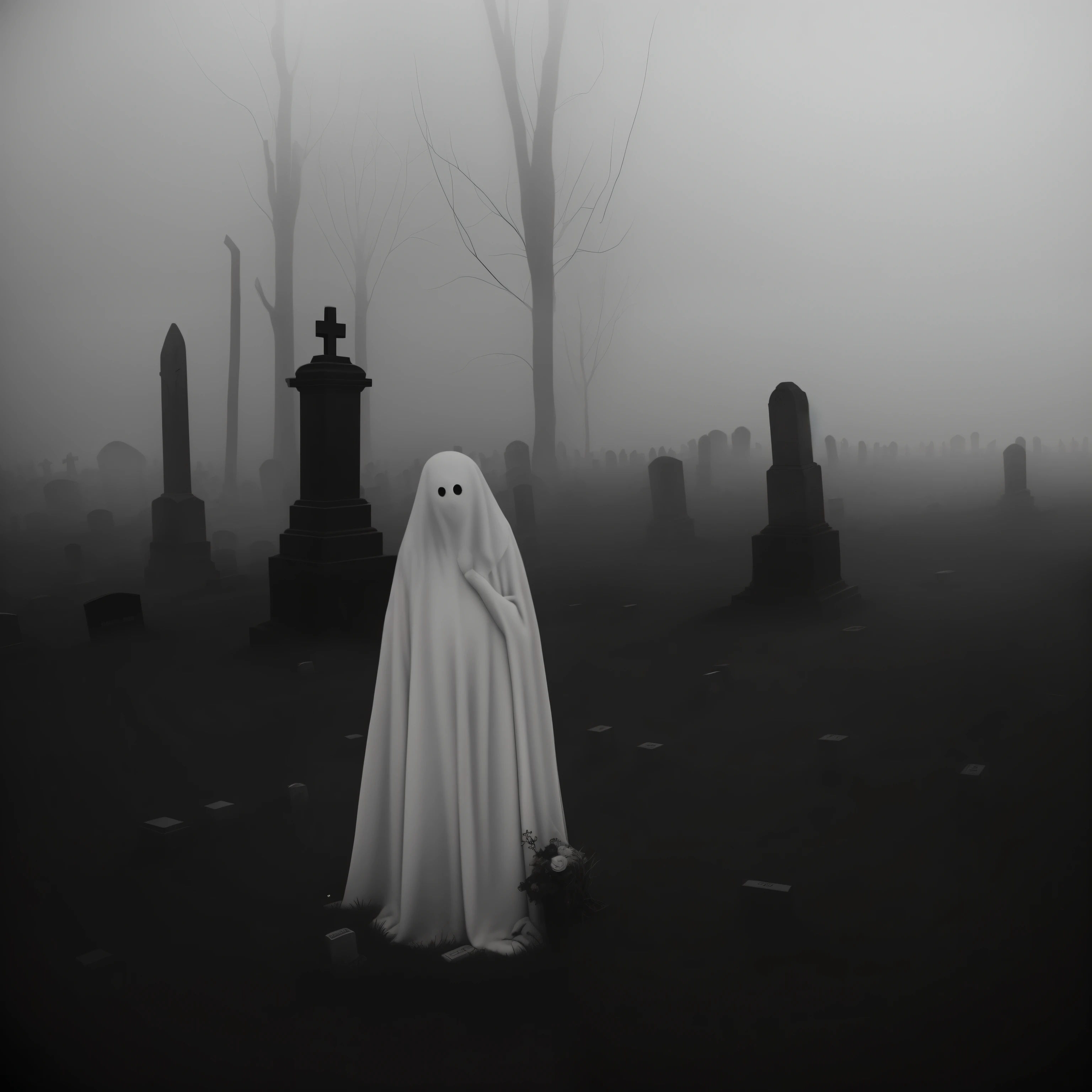 arafed ghost in a cemetery with tombstones in the background, haunting and spooky, spiritual eerie creepy picture, ghostly, ghostly ghost, ghosts, scary ghost, ghost, ghostly figure, enveloped in ghosts, spooky and scary atmosphere, ghostly atmosphere, ghostly figures, ghostly spirits, ghostly darkness, haunting atmosphere, creepy and dramatic atmosphere, eerie person