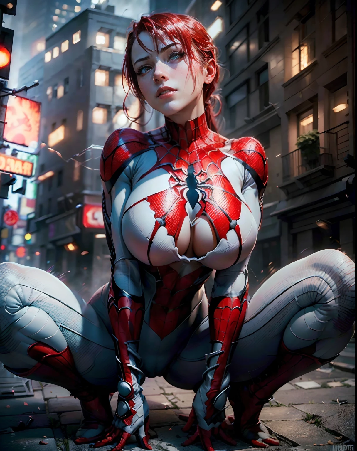 (8K, masterpiece, high quality, (photorealistic:1.5)), (a realistic portrait of a girl in white Spider-Man tight costume, expose cleavage, red hair color, huge boobs, a bit muscular abs, slim fit body, hanging with spider web over the street between high building, dynamic pose), (exquisite lighting and shadows, very dramatic images, cinematic lens effects), (excellent detail, excellent lighting, wide angle, low angle shot), (excellent rendering, enough to stand out in its class), white Spider-Man costume, focusing on complex spider textures