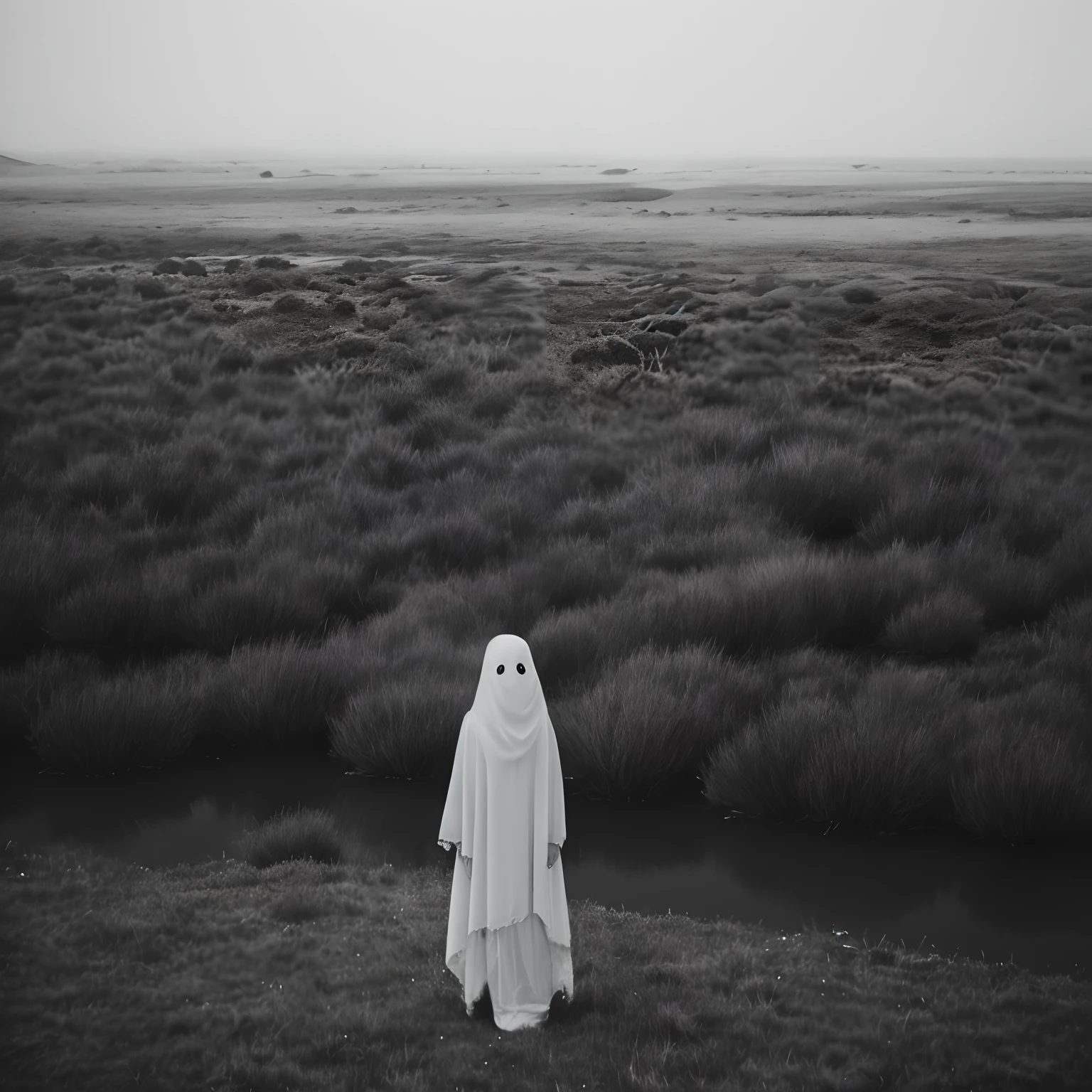 arafed ghost standing in a field with a stream of water, eerie moorlands behind her, ghostly ghost, ghostly figure, scary ghost, spiritual eerie creepy picture, ghostly, floating ghost, eerie person, photo of a ghostly pirate, old photo of a creepy landscape, ghost, children born as ghosts, dark eerie photo, photography alexey gurylev, scary photo