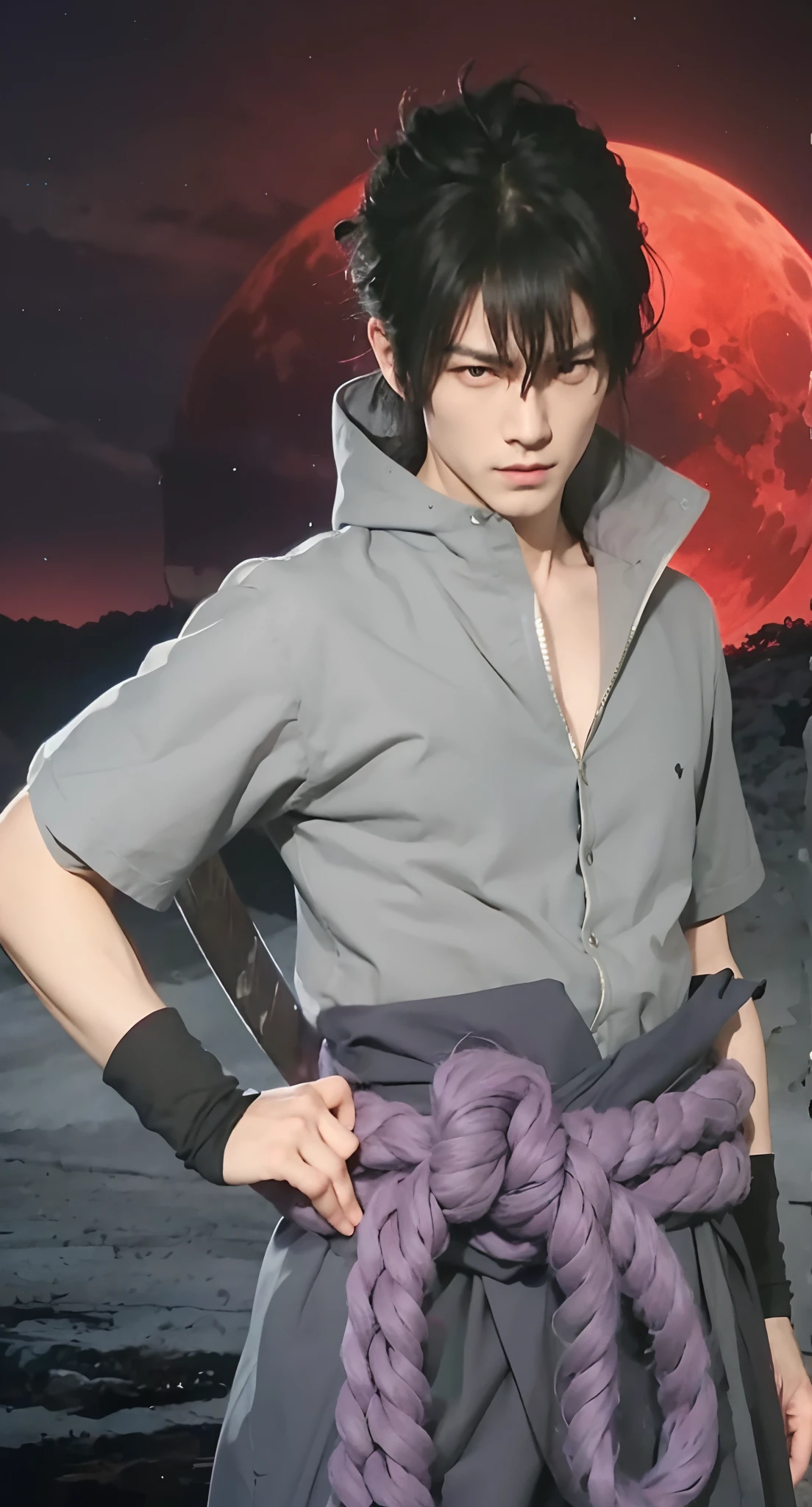 jujutsu kaisen, brown hair, white long outfit, hands together, tired face, choso from Jujutsu kaisen, choso showing abs, abs, sexy man, choso abs, anime, looking at you blank stare