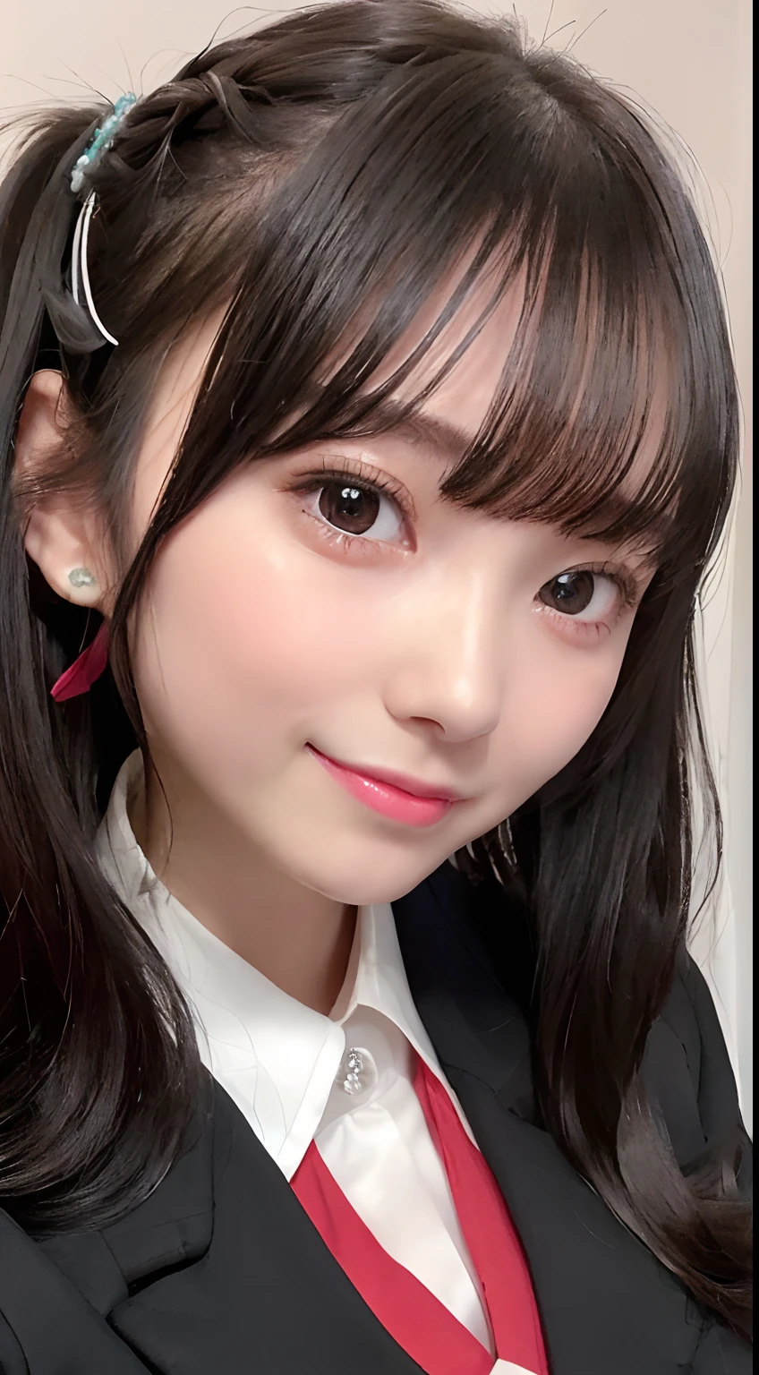 (Close up portrait of one girl with slender small breasts and long hair dull bangs in black blazer school uniform with red edging collar:1.5)、(smile :1.5)、(karaoke room:1.5)、(Perfect Anatomy:1.3)、(No mask:1.3)、(complete fingers:1.3)、Photorealistic、Photography、masutepiece、top-quality、High resolution, delicate and pretty、face perfect、Beautiful detailed eyes、Fair skin、Real Human Skin、((thin legs))、(Dark hair), (((open bresats:1.5))),