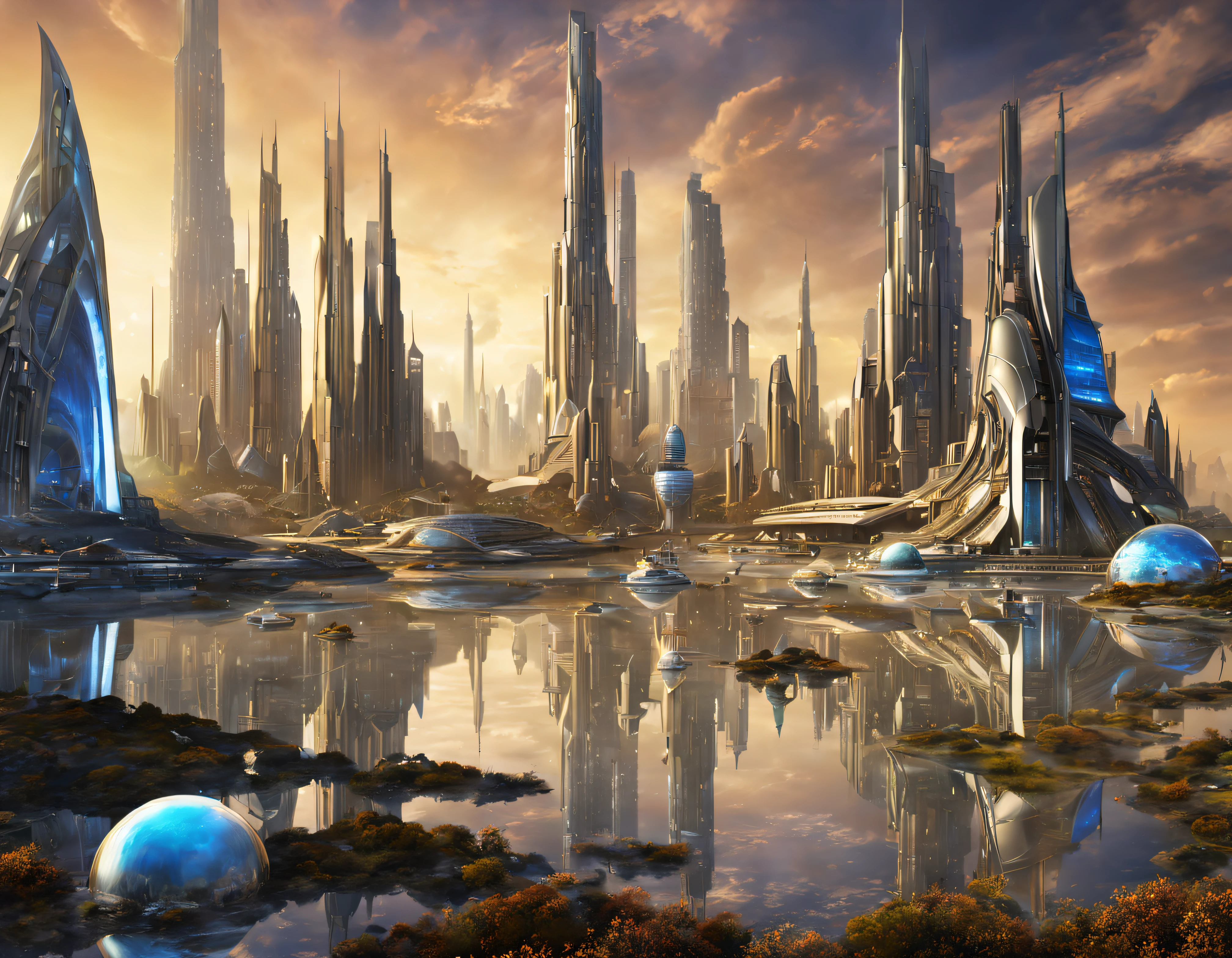 On an unknown planet lies a futuristic fantasy city with immense buildings of technological design (que forman una avenida infinita), con estructuras acristaladas en plata, oro y bronce espectaculares, con colores vivos. pavimento ensolado (sin brillo). gente paseando. (similar a coruscant). imagen bien definida con muchos edificios juntos. imagen nitida bien definida 8k. los edificios llegan alta el fondo.