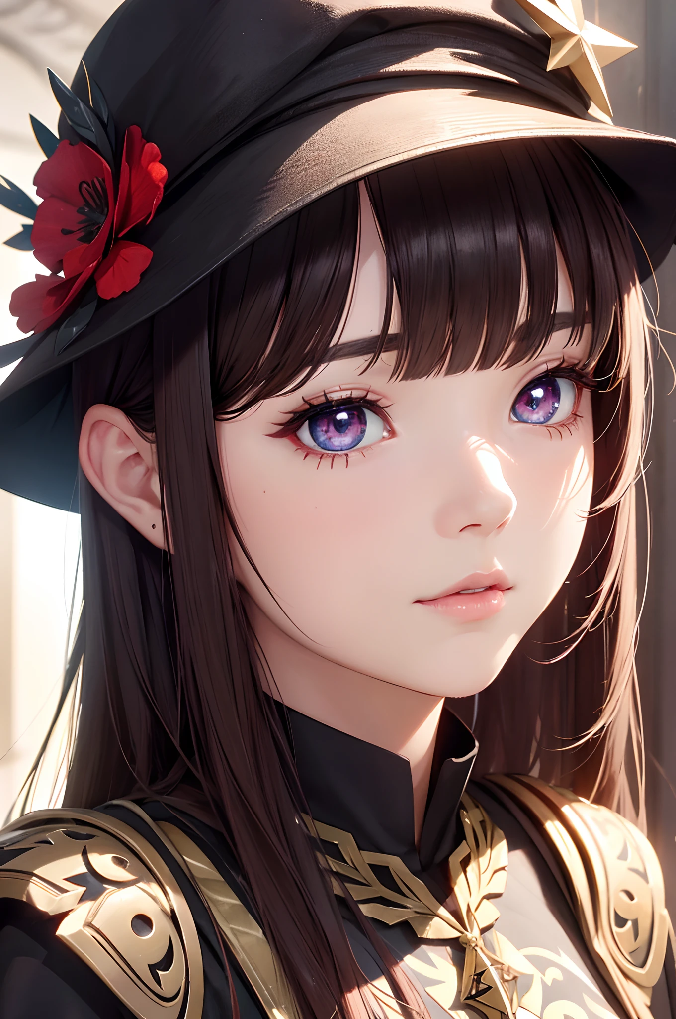 face, closeup, closeup shot, shiny hair, shiny clothes, shiny, extremely detailed eyes, extreme details, realistic, cinematic, detailed, masterpiece, 4k, 8k, , PunkAI,, FantasyAI_Burple,, indoors, hu tao (genshin impact), genshin impact, hat, symbol-shaped pupils, red eyes, brown hair, star-shaped pupils, flower-shaped pupils, bangs, black nails, black headwear