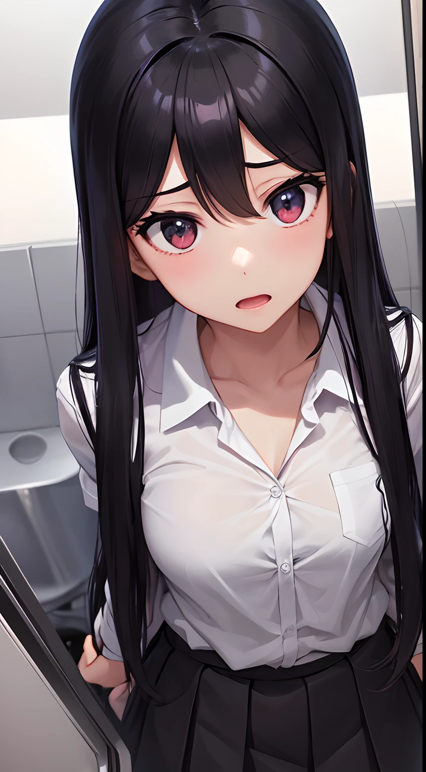 a beautiful girl with long and black hair with shocking expression in washroom anime in school uniform with shocking expression