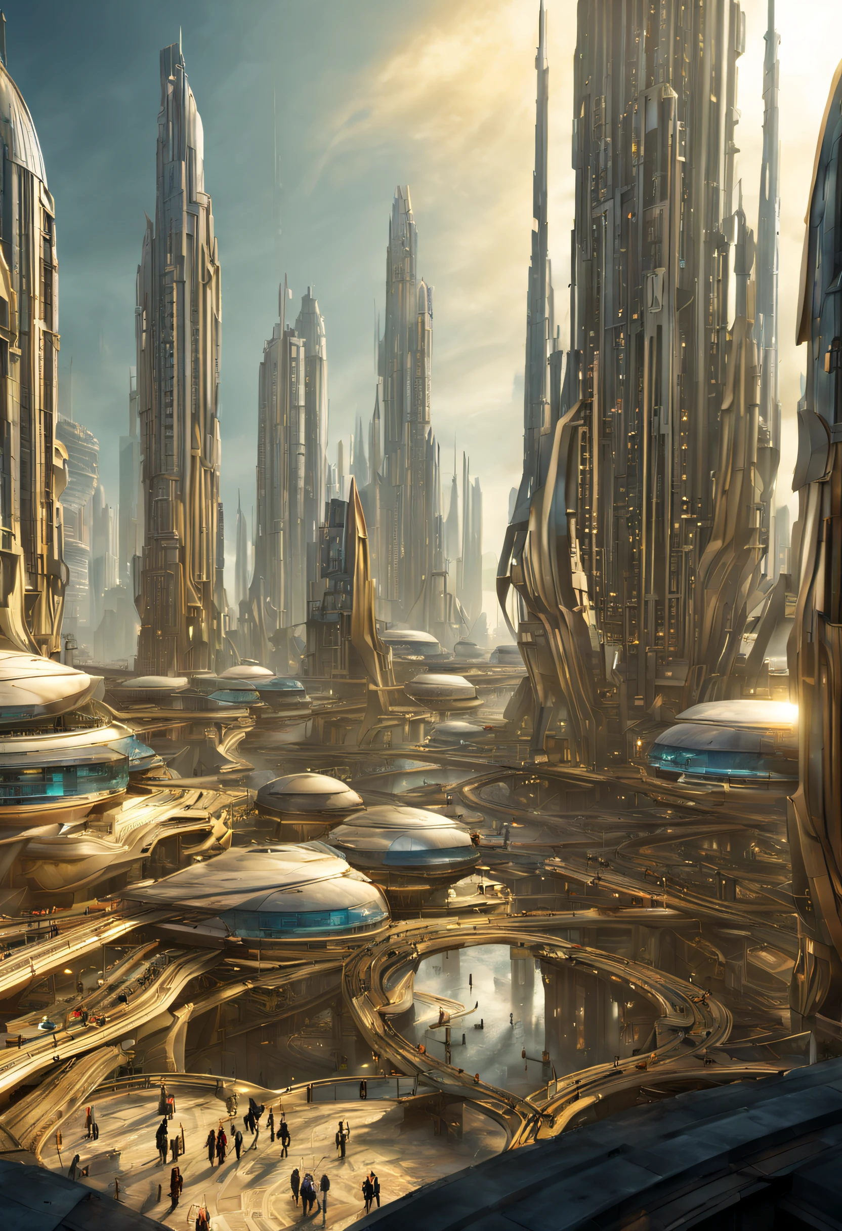 On an unknown planet lies a futuristic fantasy city with immense buildings of technological design (que forman una avenida infinita), con estructuras acristaladas en plata, oro y bronce espectaculares, con colores vivos. pavimento ensolado (sin brillo). gente paseando. (similar a coruscant). imagen bien definida con muchos edificios juntos. imagen nitida bien definida 8k. los edificios llegan alta el fondo.