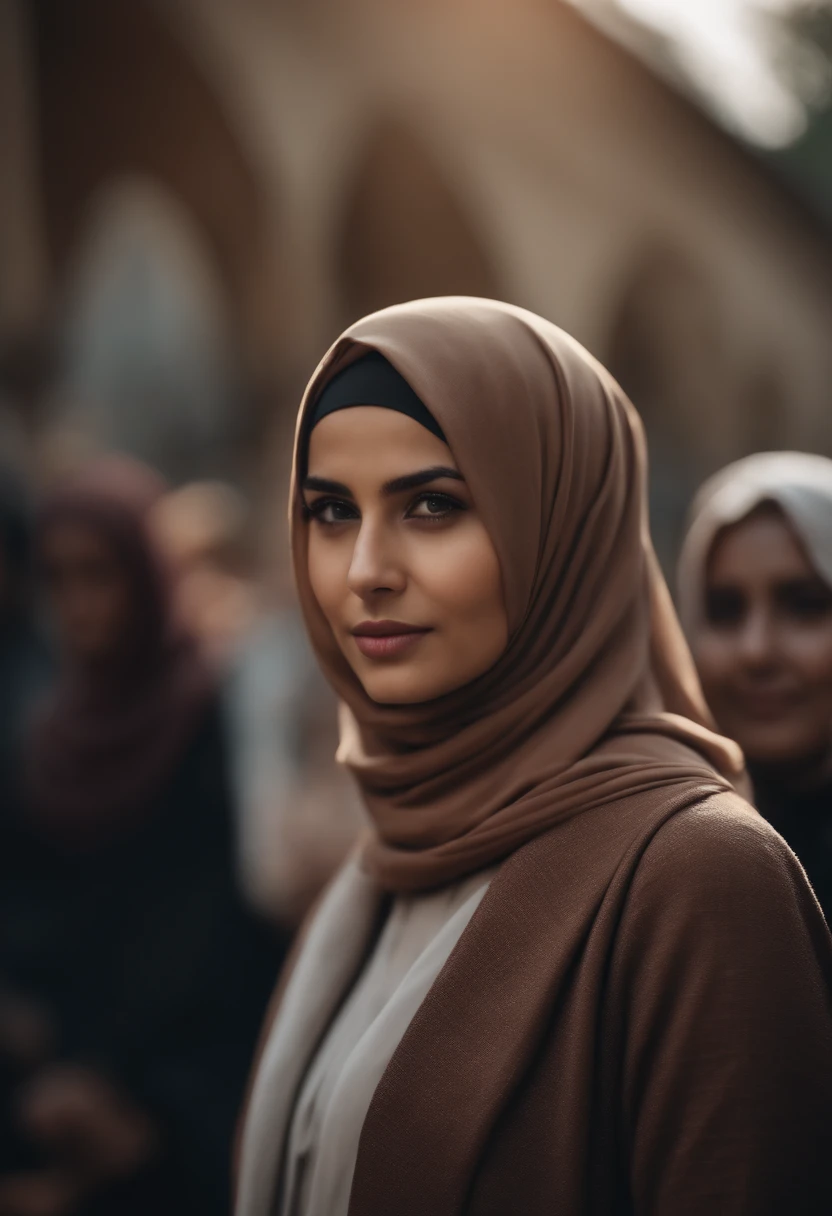 hijab Girl, realistic background, non model shot, unblurred people in background